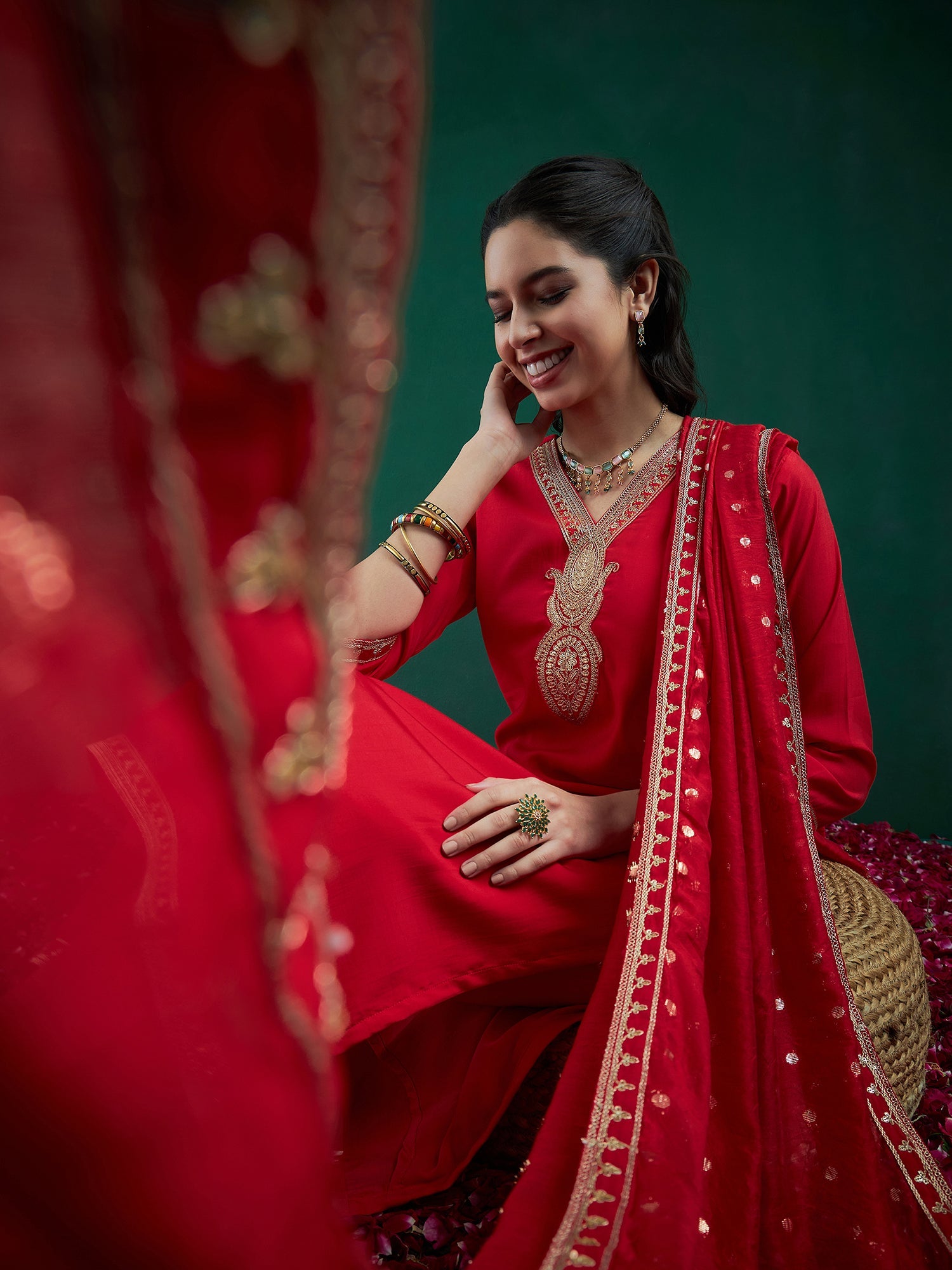 Indo Era Red Embroidered Straight Kurta Trousers With Dupatta set