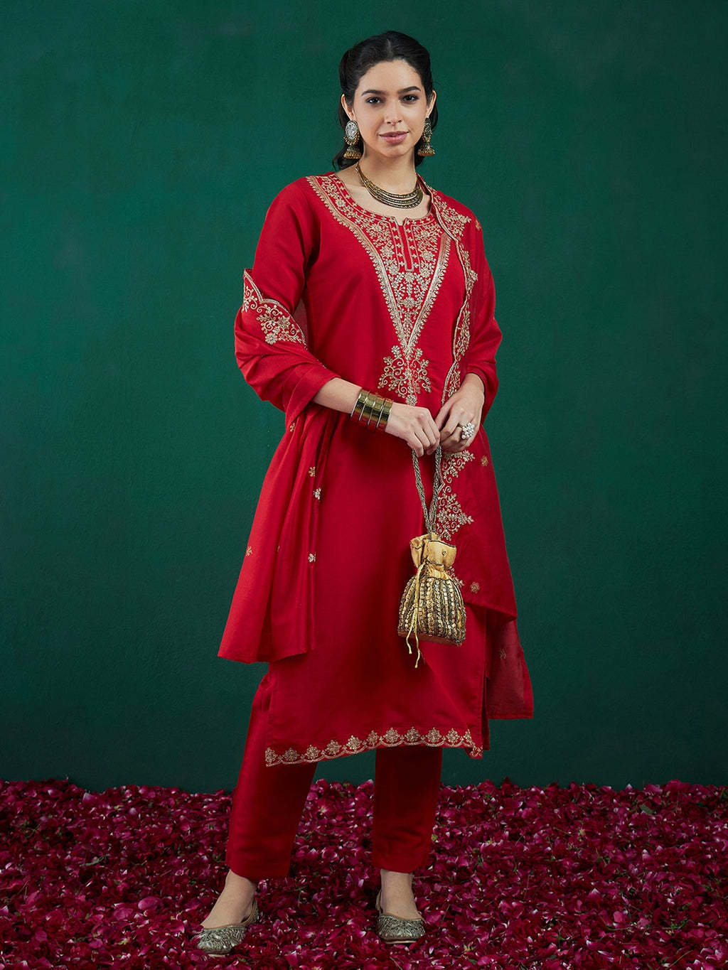 Indo Era Red Embroidered Straight Kurta Trousers With Dupatta set