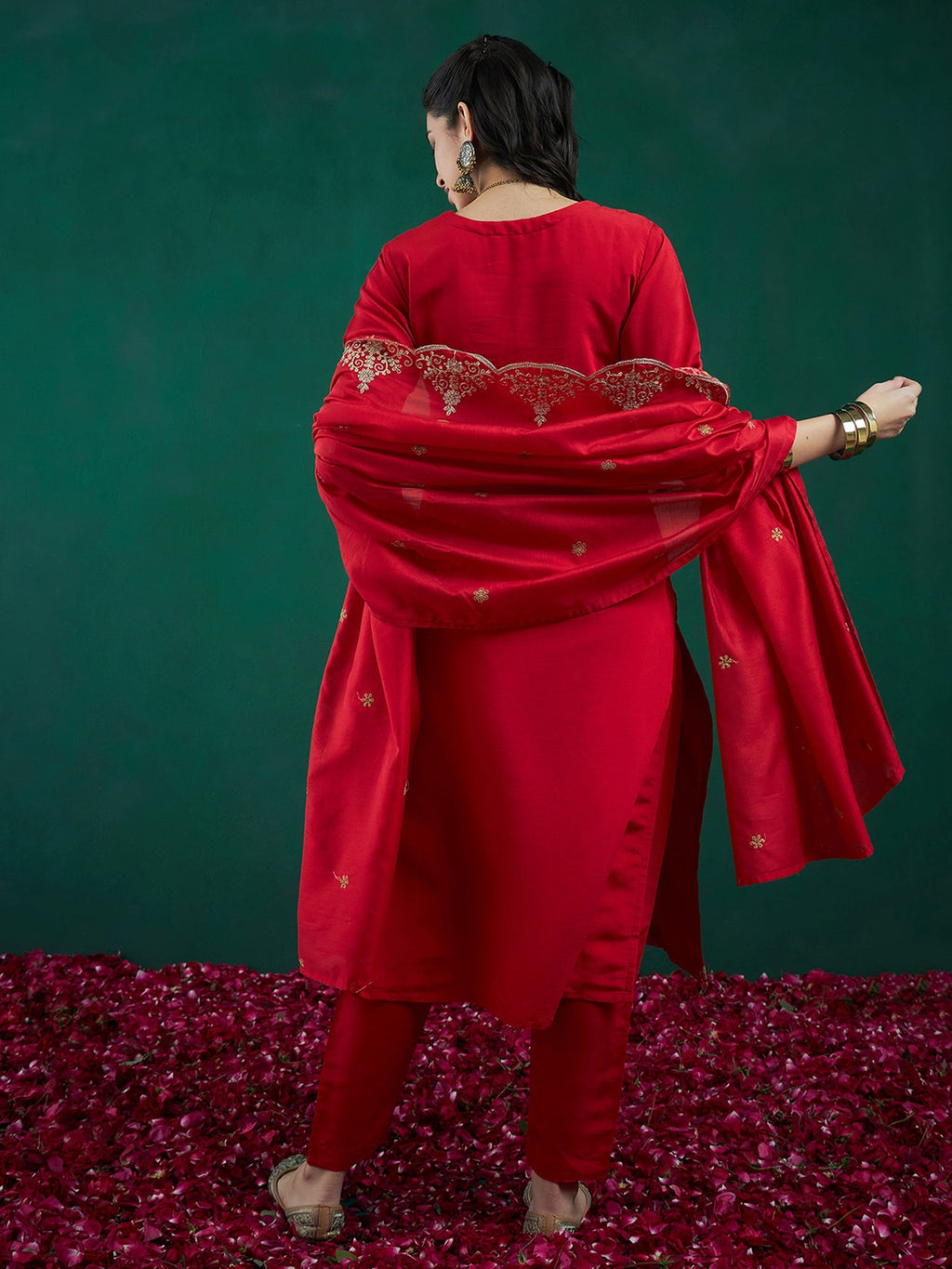 Indo Era Red Embroidered Straight Kurta Trousers With Dupatta set