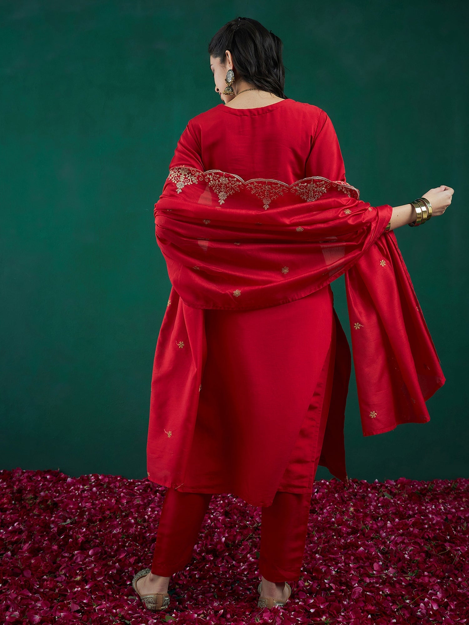 Indo Era Red Embroidered Straight Kurta Trousers With Dupatta set