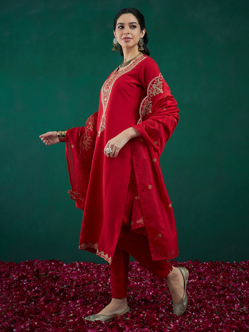 Indo Era Red Embroidered Straight Kurta Trousers With Dupatta set