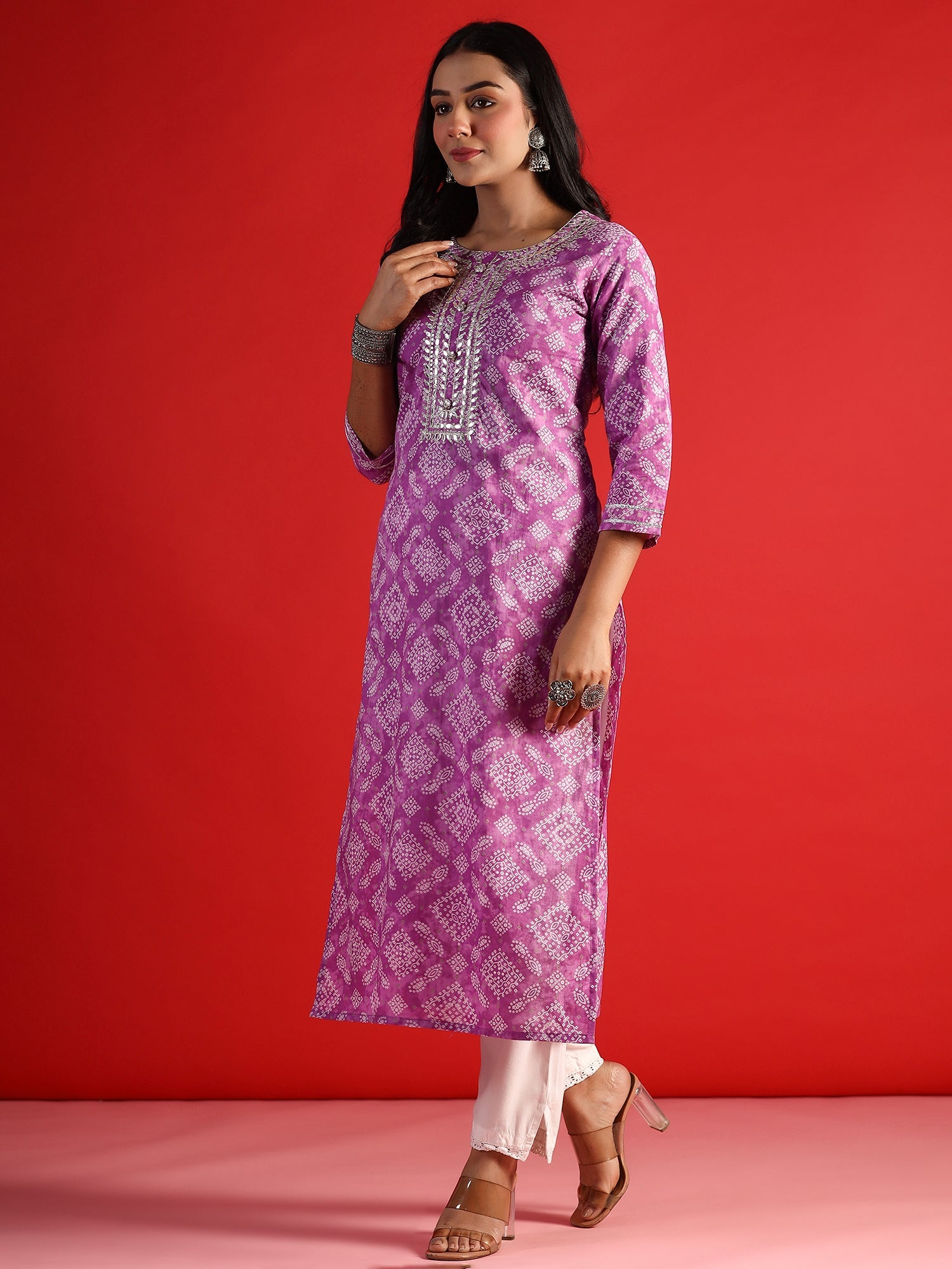 Indo Era Lavender Printed Straight Kurta