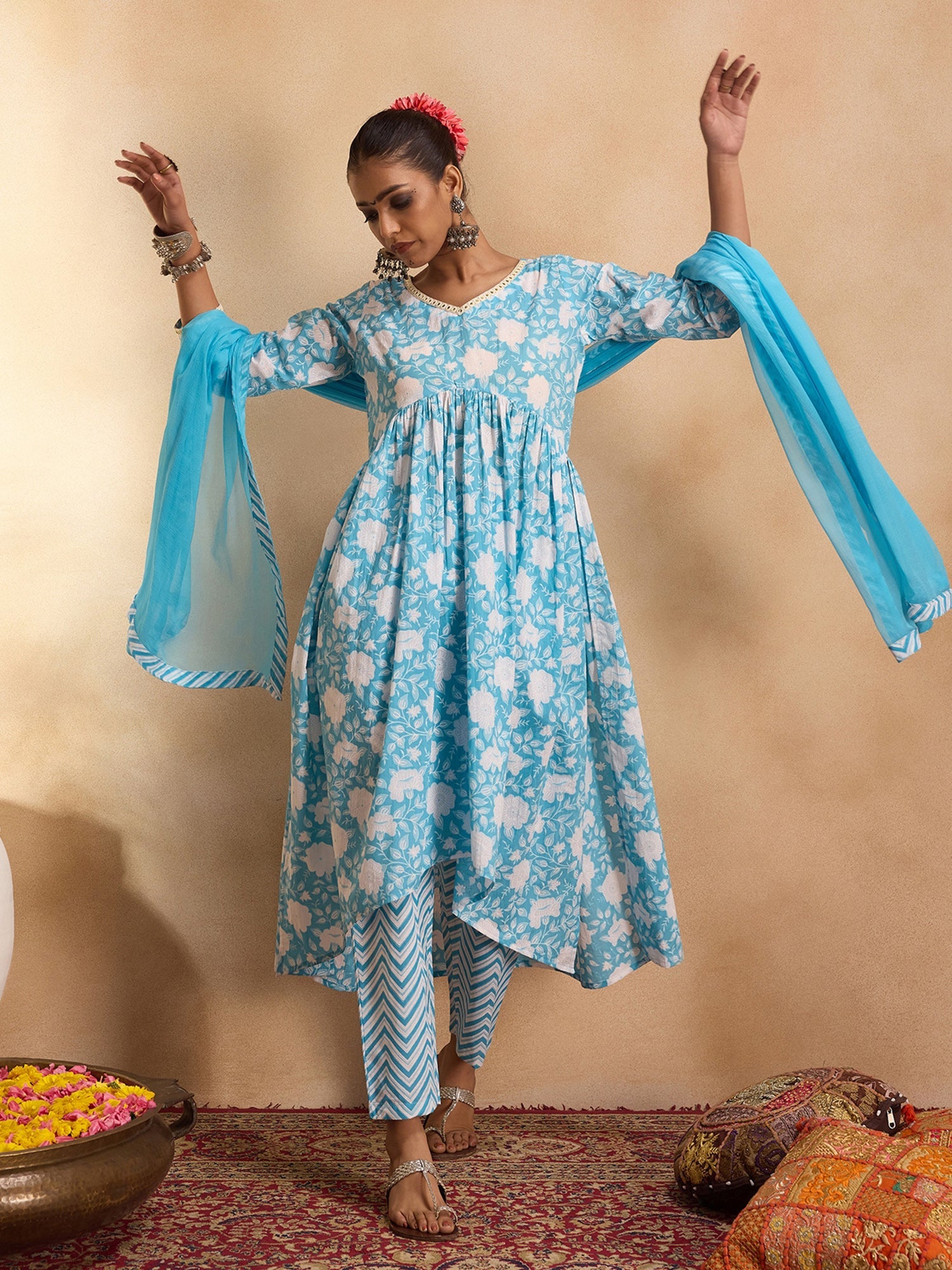 Indo Era Blue Printed A-Line Kurta Trousers With Dupatta set