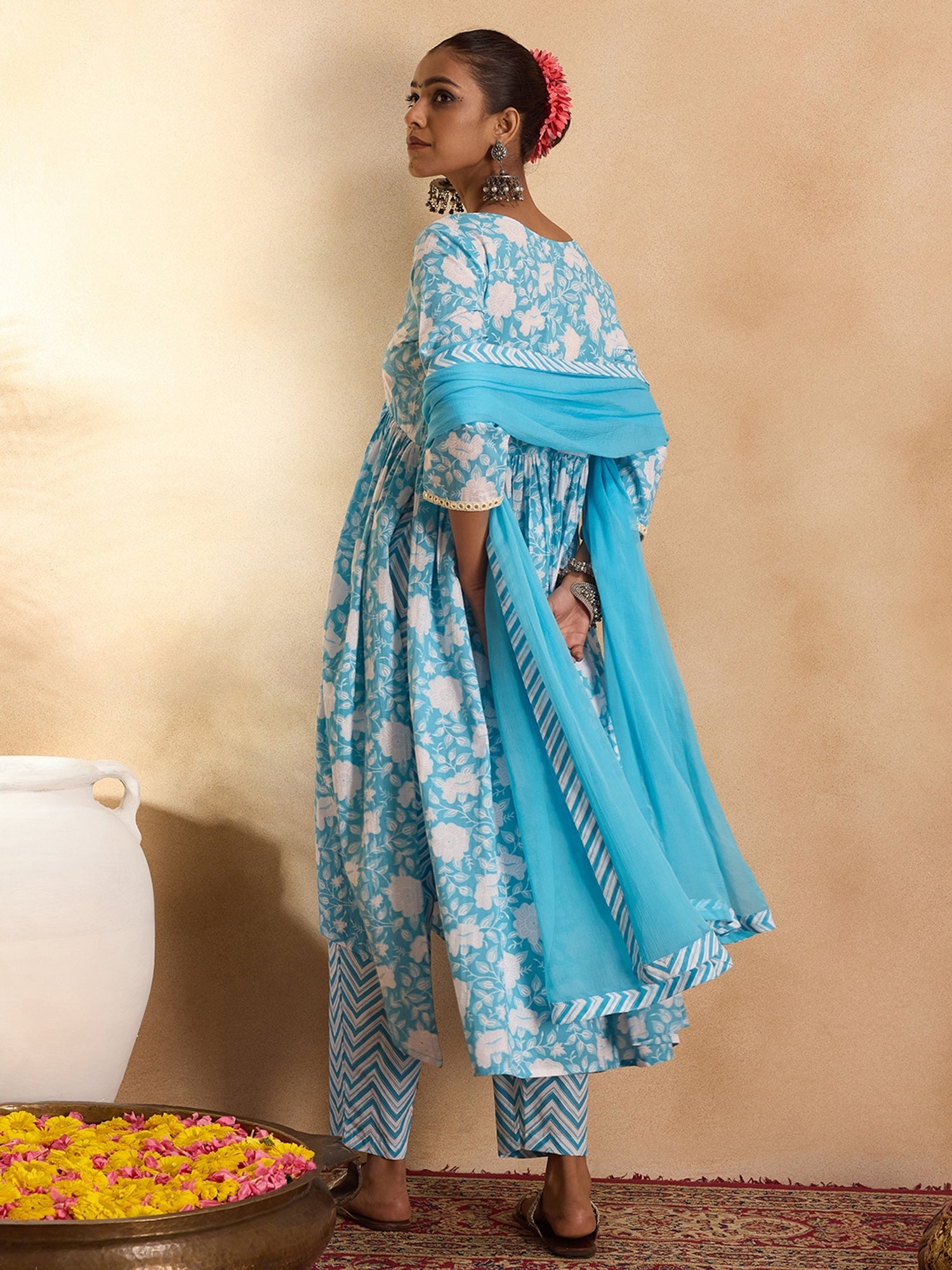 Indo Era Blue Printed A-Line Kurta Trousers With Dupatta set
