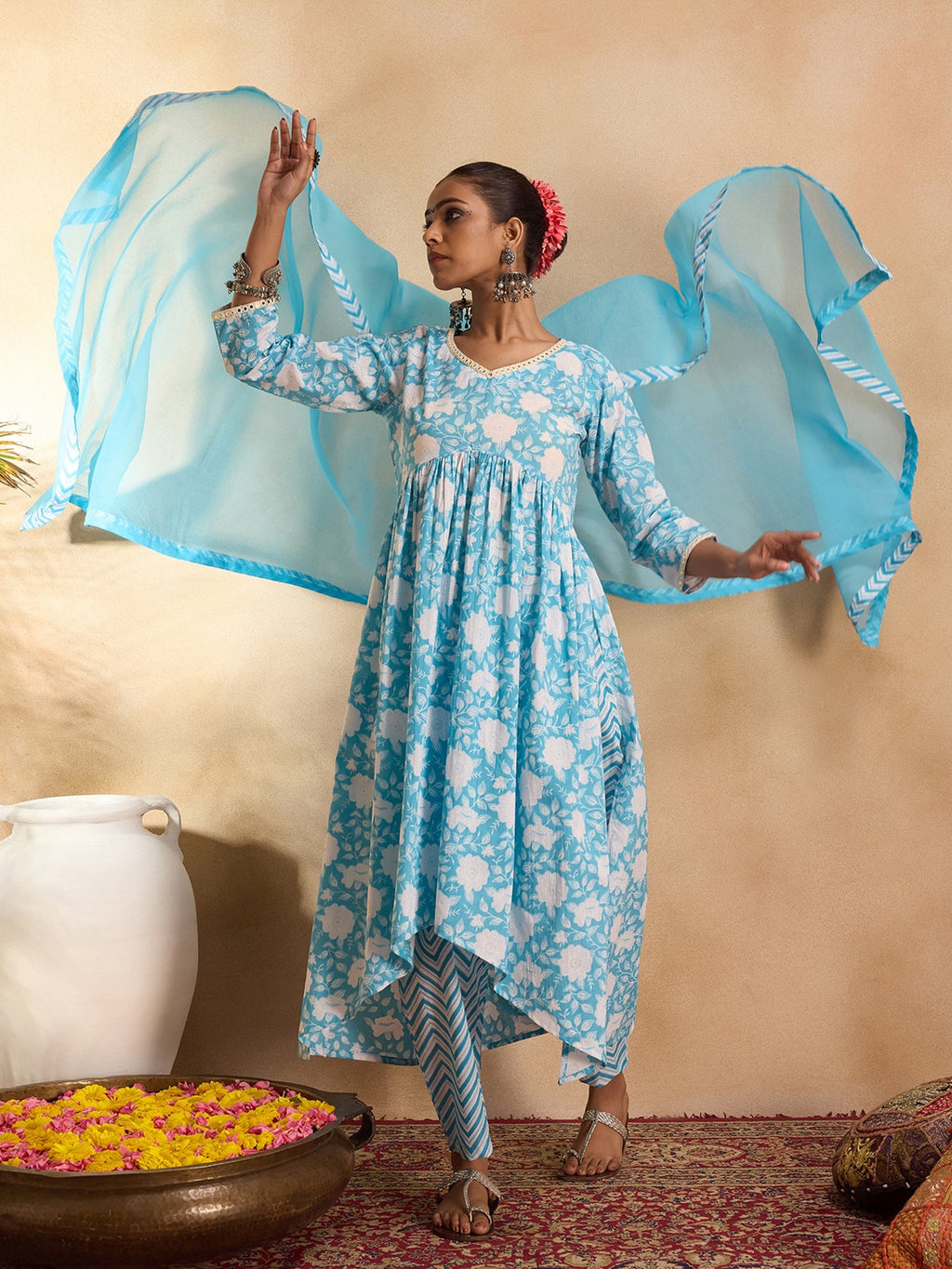 Indo Era Blue Printed A-Line Kurta Trousers With Dupatta set