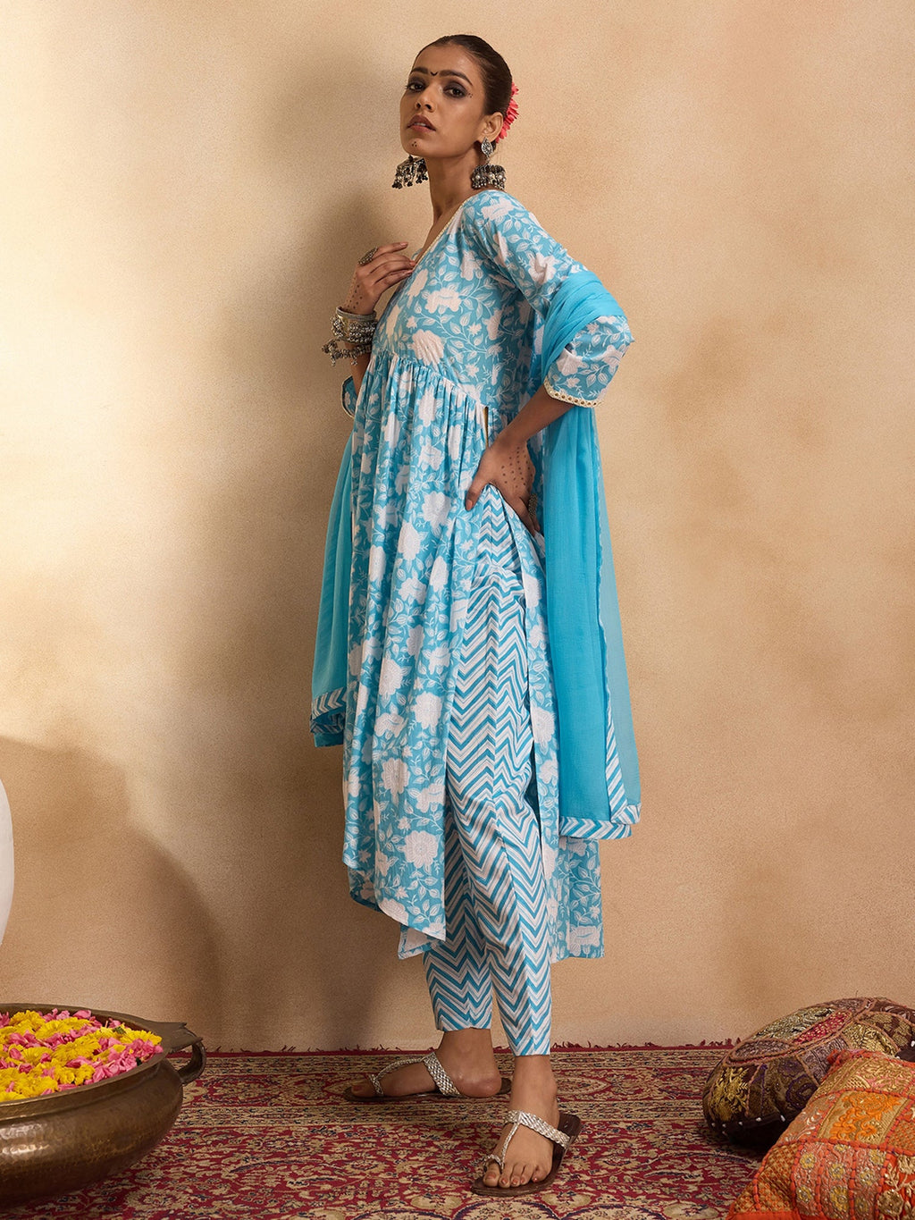 Indo Era Blue Printed A-Line Kurta Trousers With Dupatta set