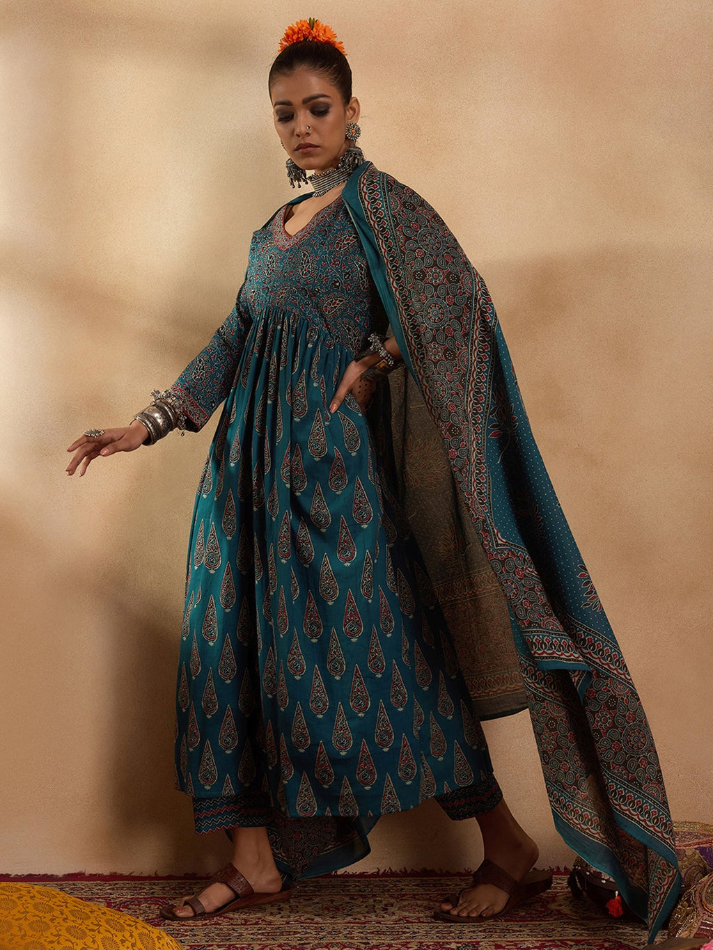 Indo Era Teal Printed A-Line Kurta Trousers With Dupatta set