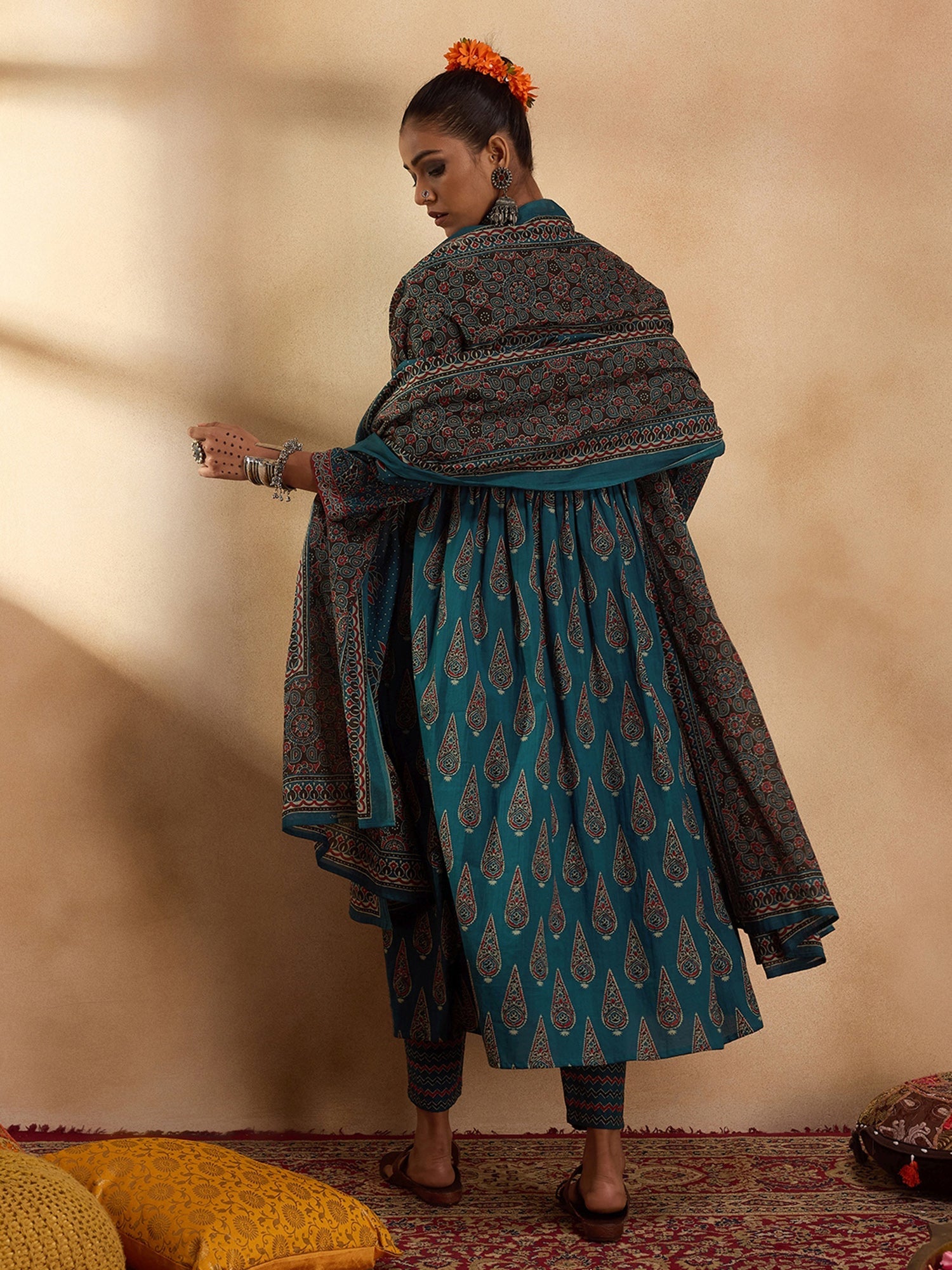 Indo Era Teal Printed A-Line Kurta Trousers With Dupatta set
