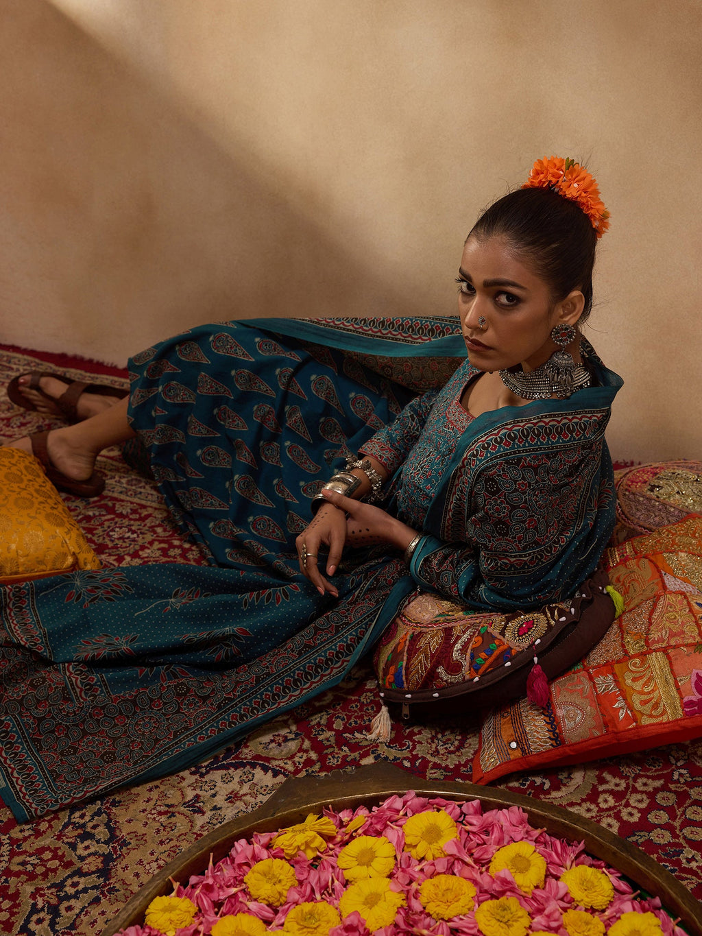 Indo Era Teal Printed A-Line Kurta Trousers With Dupatta set