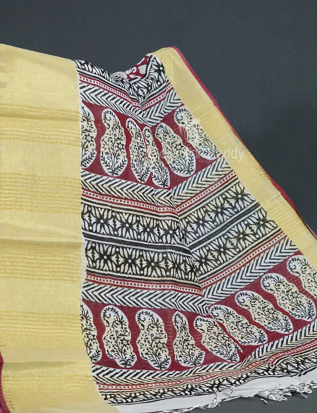 Gleaming Dark Maroon Kalamkari Cotton Linen Printed Saree By Gayathri Reddy Designer Studio