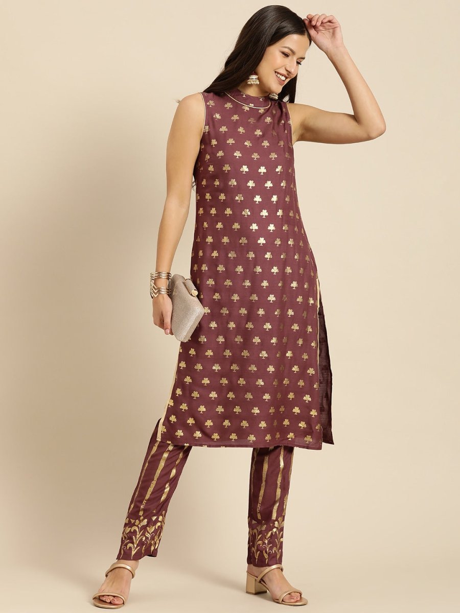 All About You Women Brown Ethnic Motifs Printed Pure Cotton Kurta with Trousers
