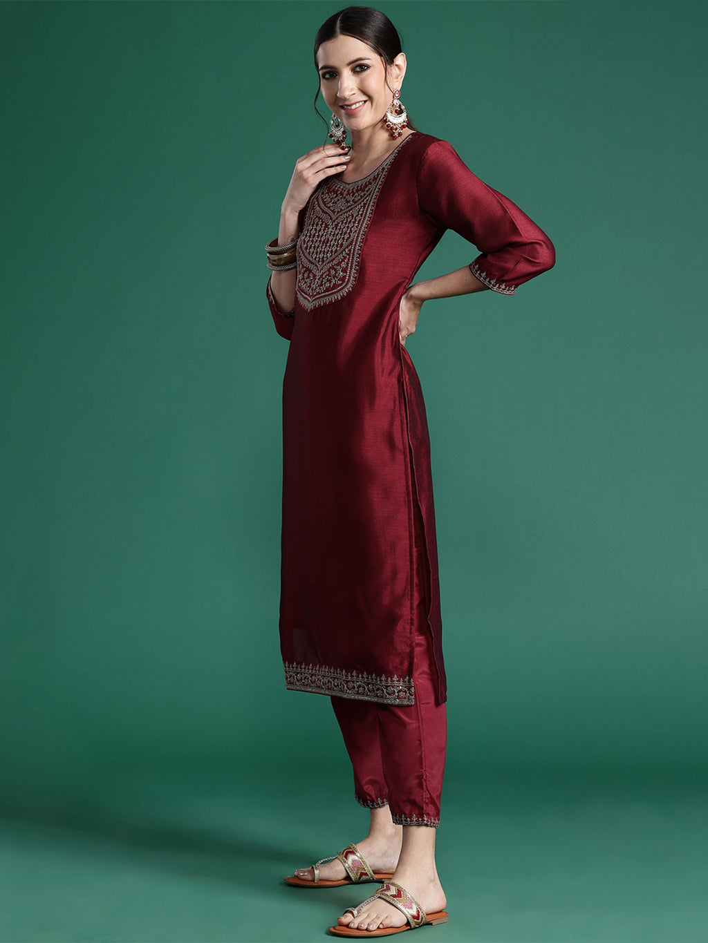 Indo Era Maroon Embroidered Straight Kurta Trousers With Dupatta set