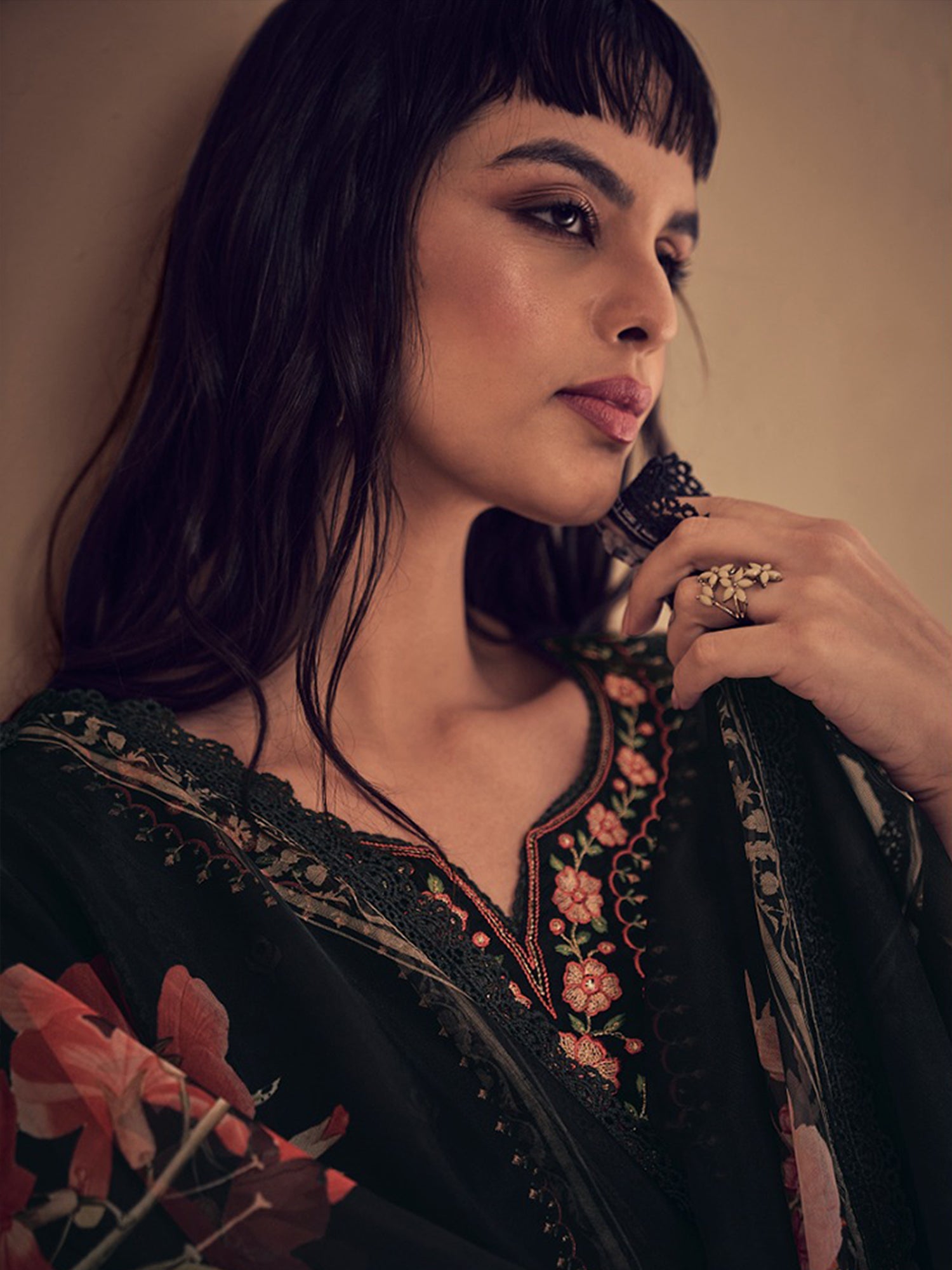 Indo Era Black Embroidered Straight Kurta Trousers With Dupatta set