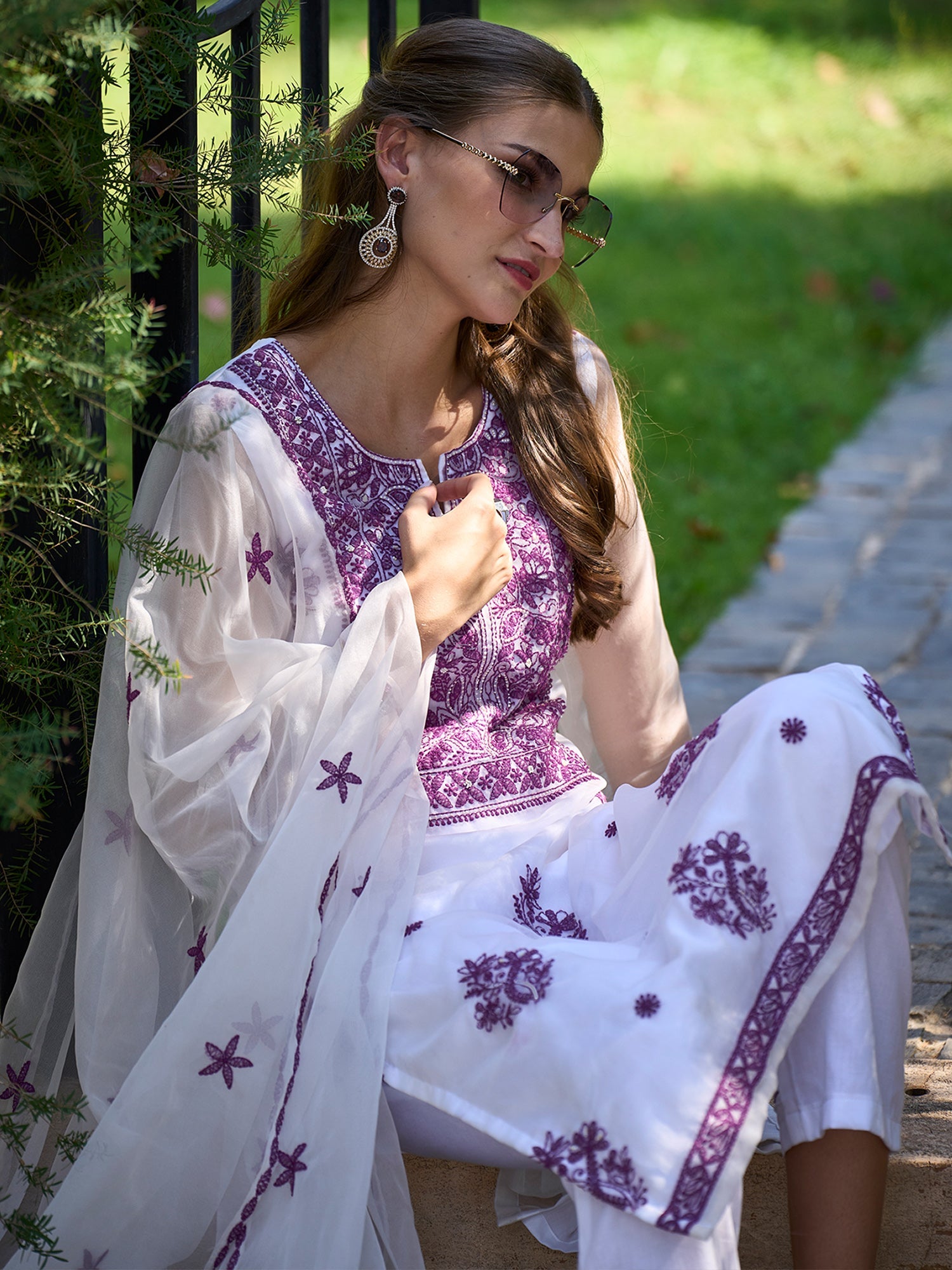 Indo Era White Embroidered Straight Kurta Trousers With Dupatta set