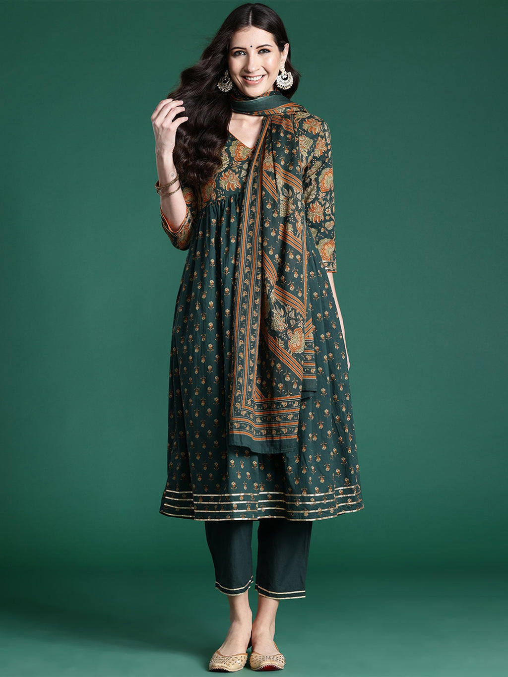 Indo Era Green Printed A-Line Kurta Trousers With Dupatta set