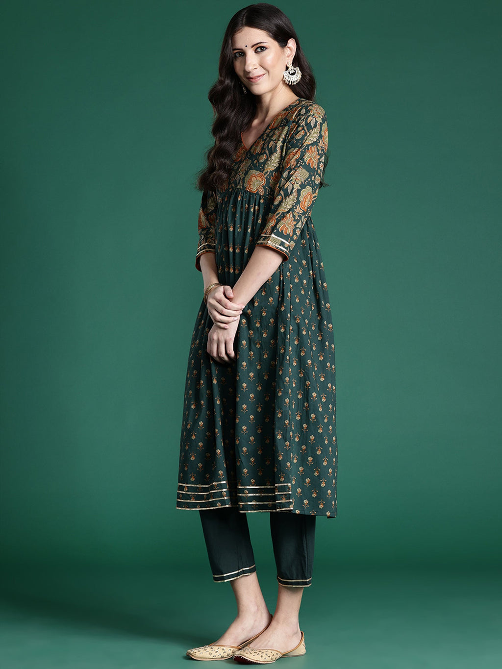 Indo Era Green Printed A-Line Kurta Trousers With Dupatta set