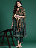 Indo Era Green Printed A-Line Kurta Trousers With Dupatta set