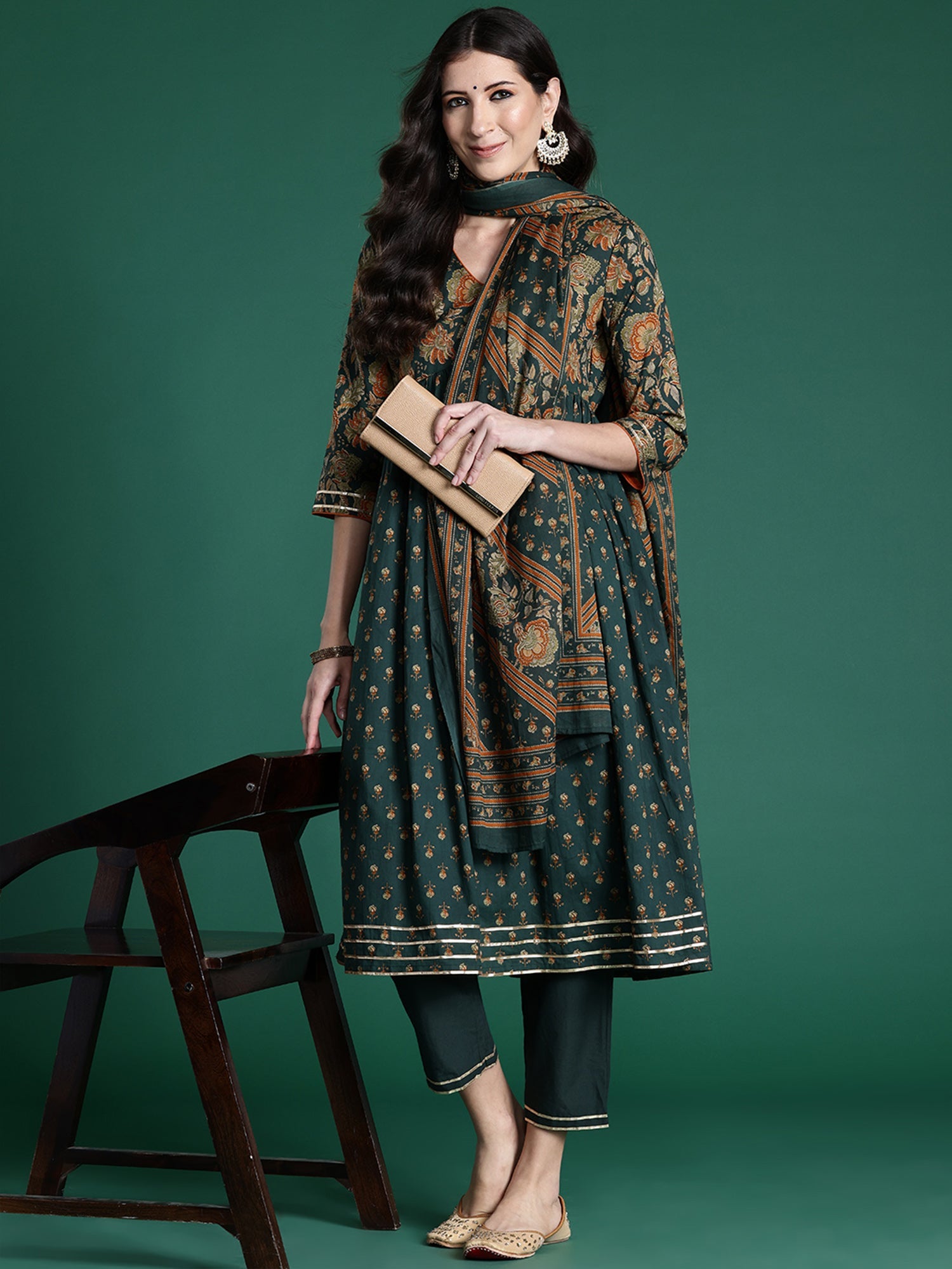 Indo Era Green Printed A-Line Kurta Trousers With Dupatta set