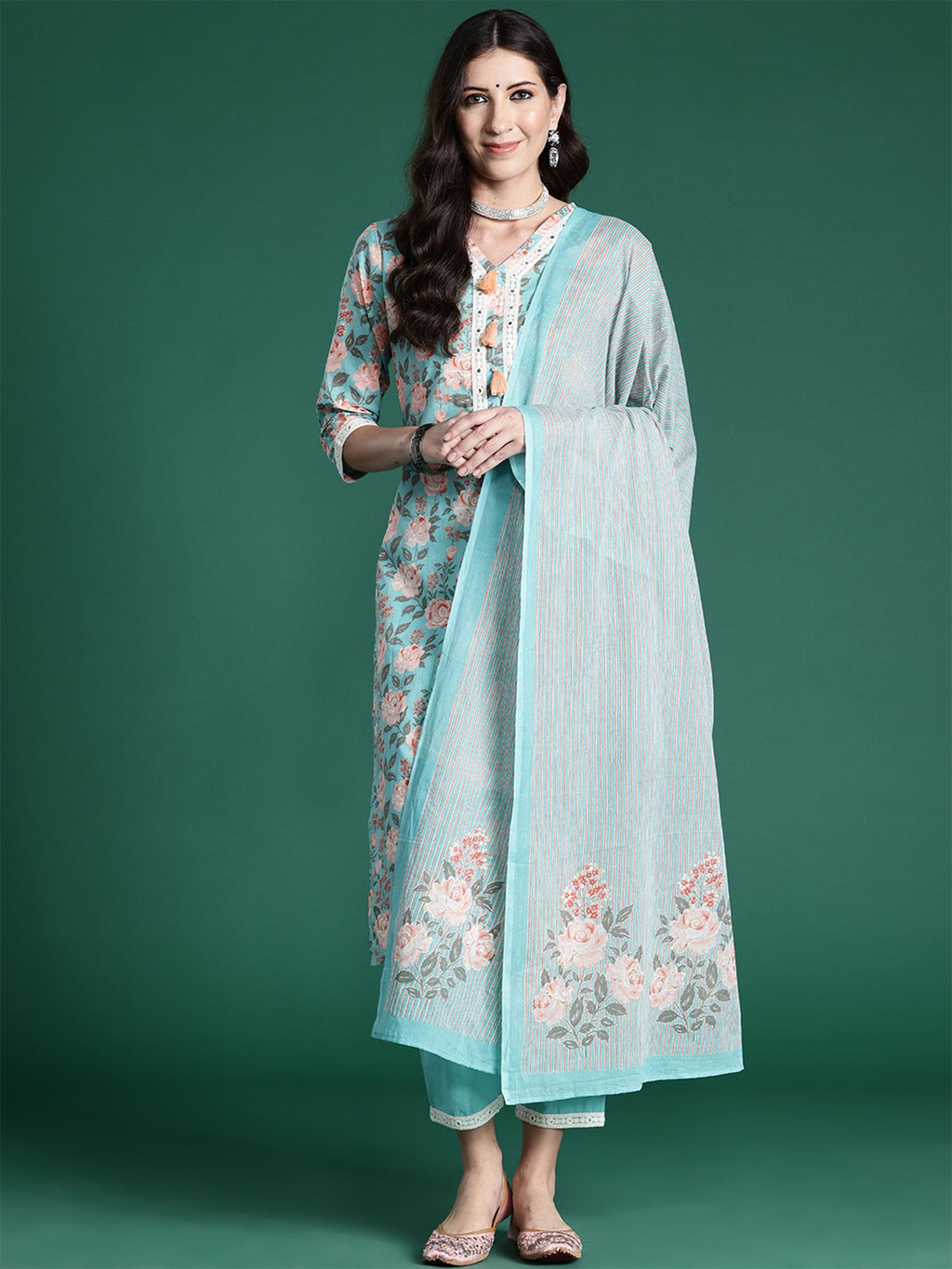 Indo Era Blue Printed Straight Kurta Trousers With Dupatta set