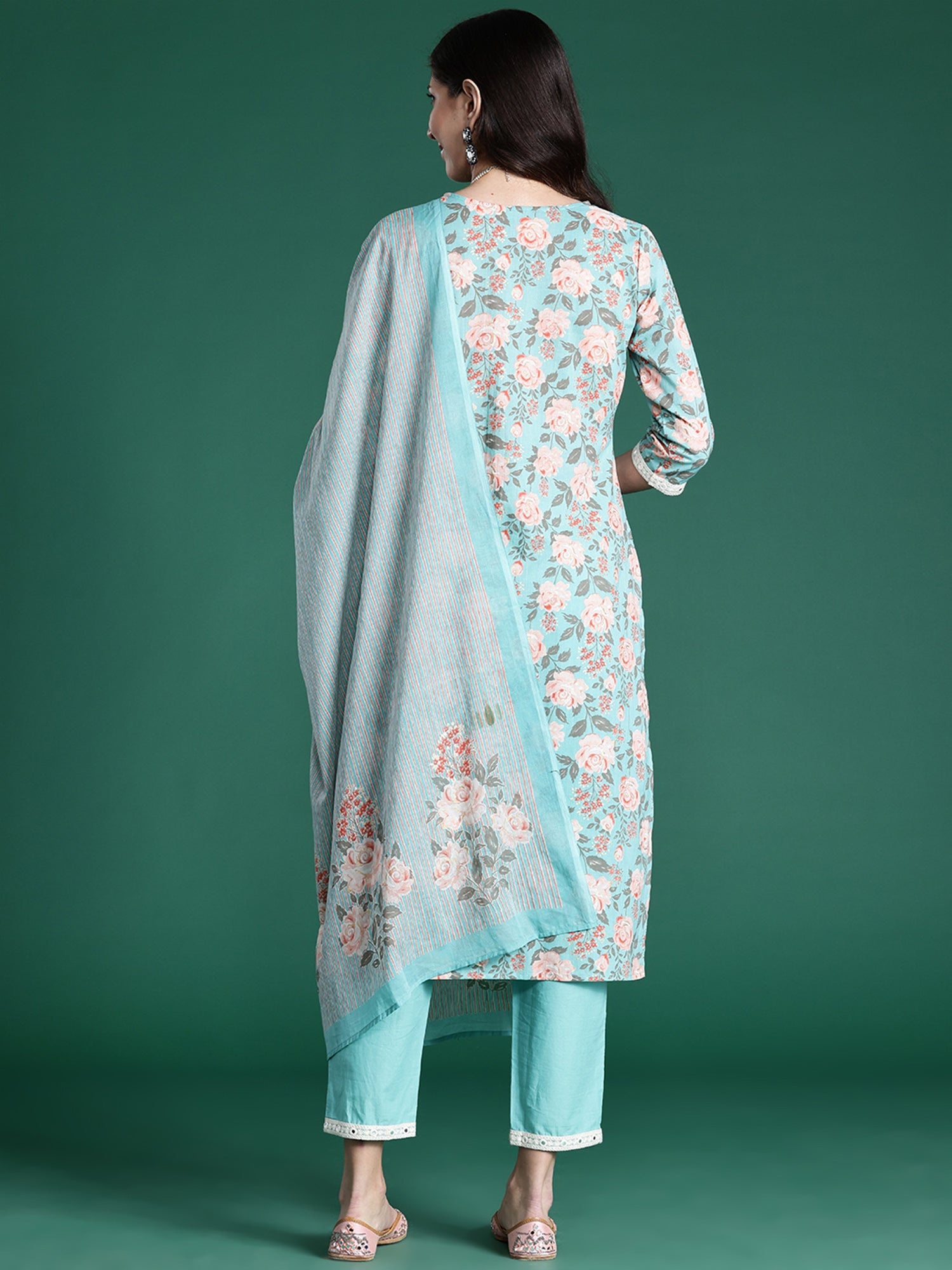 Indo Era Blue Printed Straight Kurta Trousers With Dupatta set