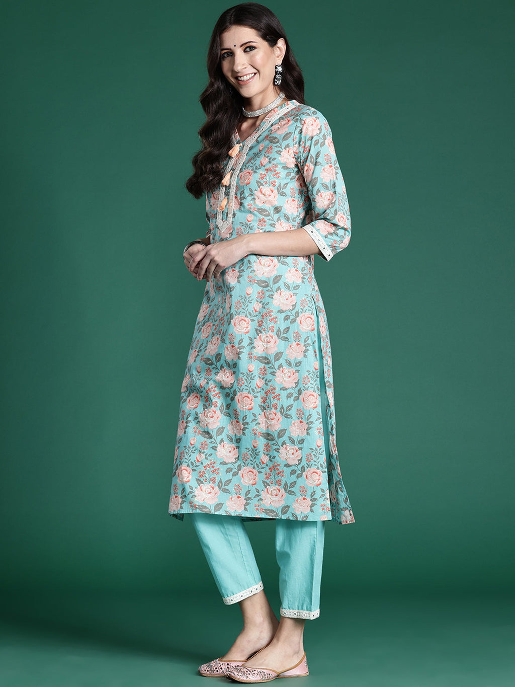 Indo Era Blue Printed Straight Kurta Trousers With Dupatta set