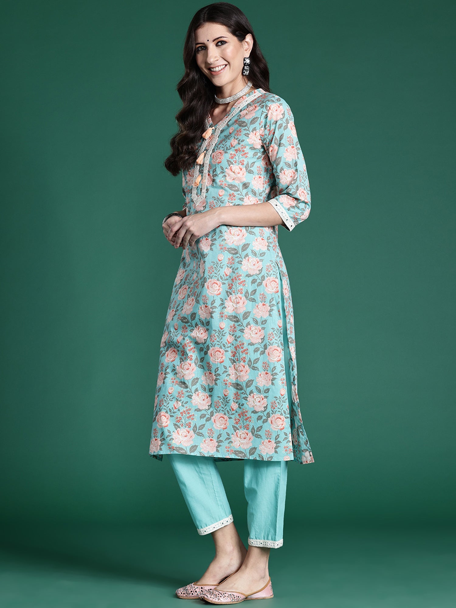 Indo Era Blue Printed Straight Kurta Trousers With Dupatta set