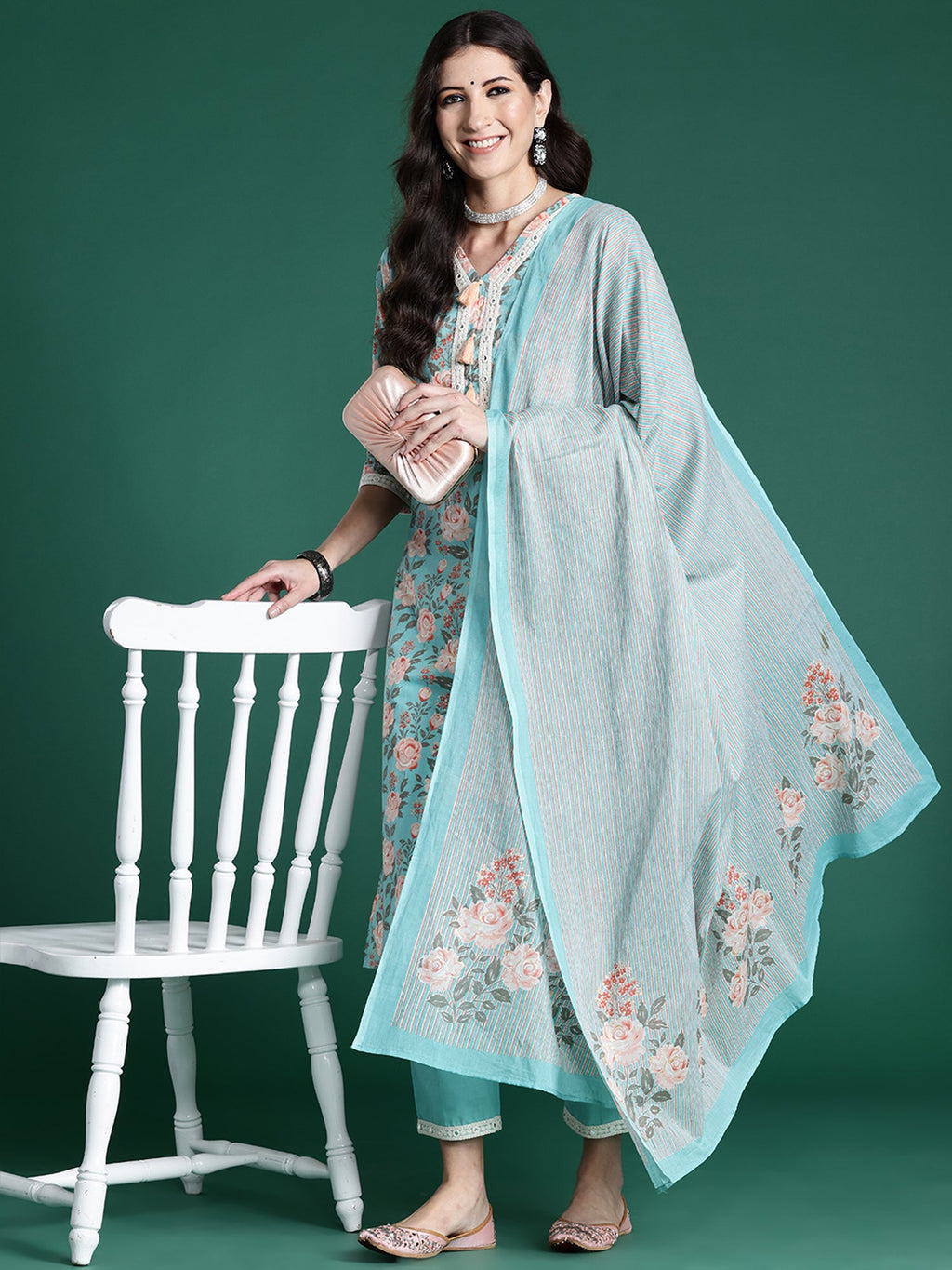 Indo Era Blue Printed Straight Kurta Trousers With Dupatta set