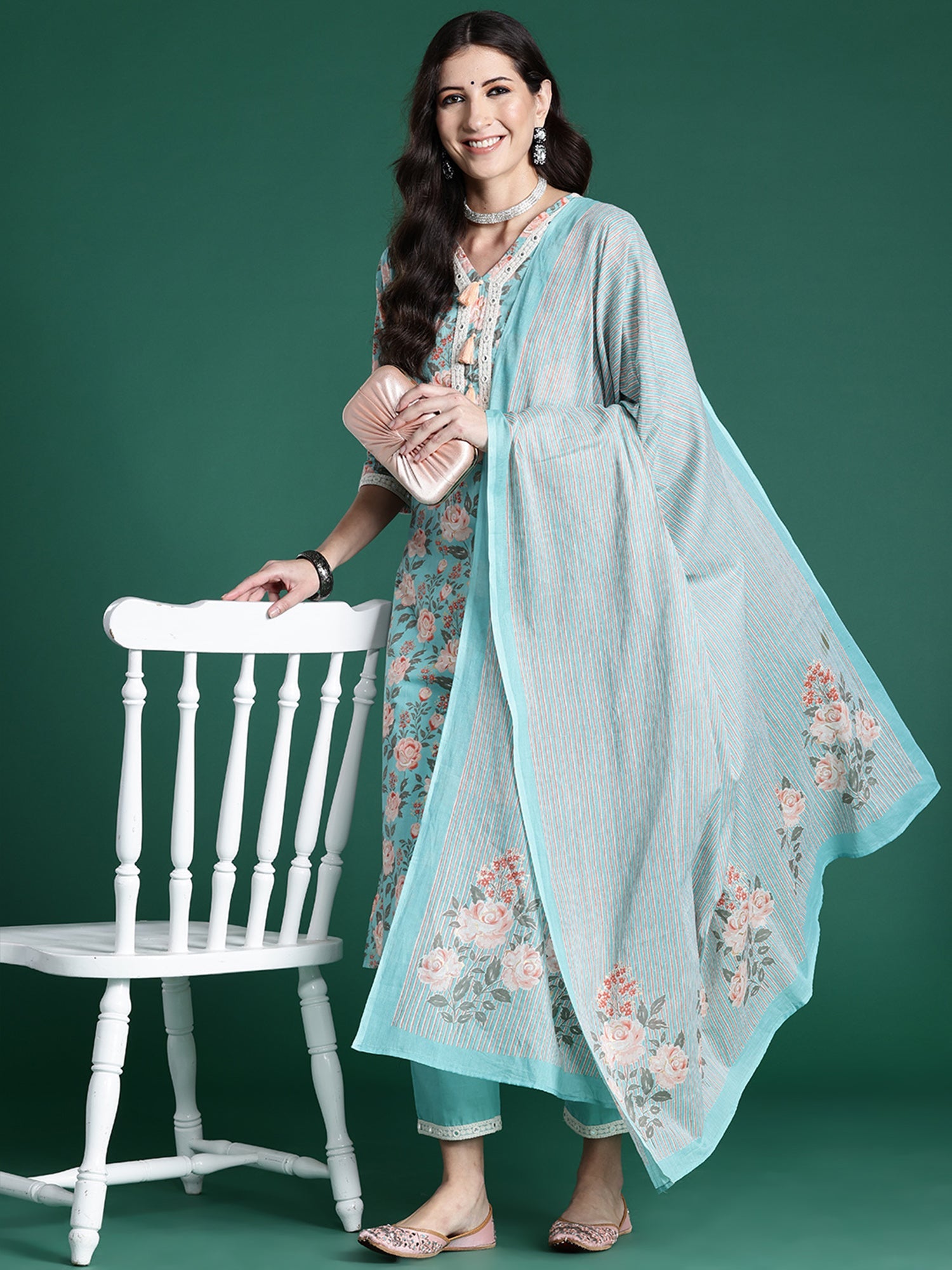Indo Era Blue Printed Straight Kurta Trousers With Dupatta set