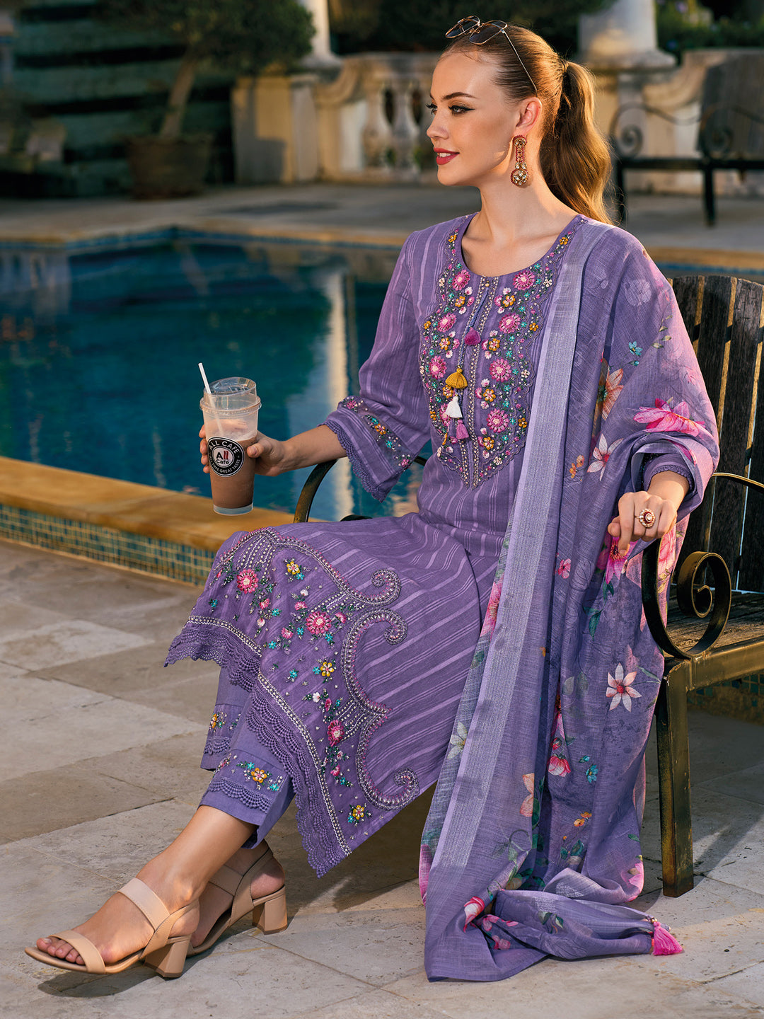 Indo Era Purple Embroidered Straight Kurta Trousers With Dupatta set
