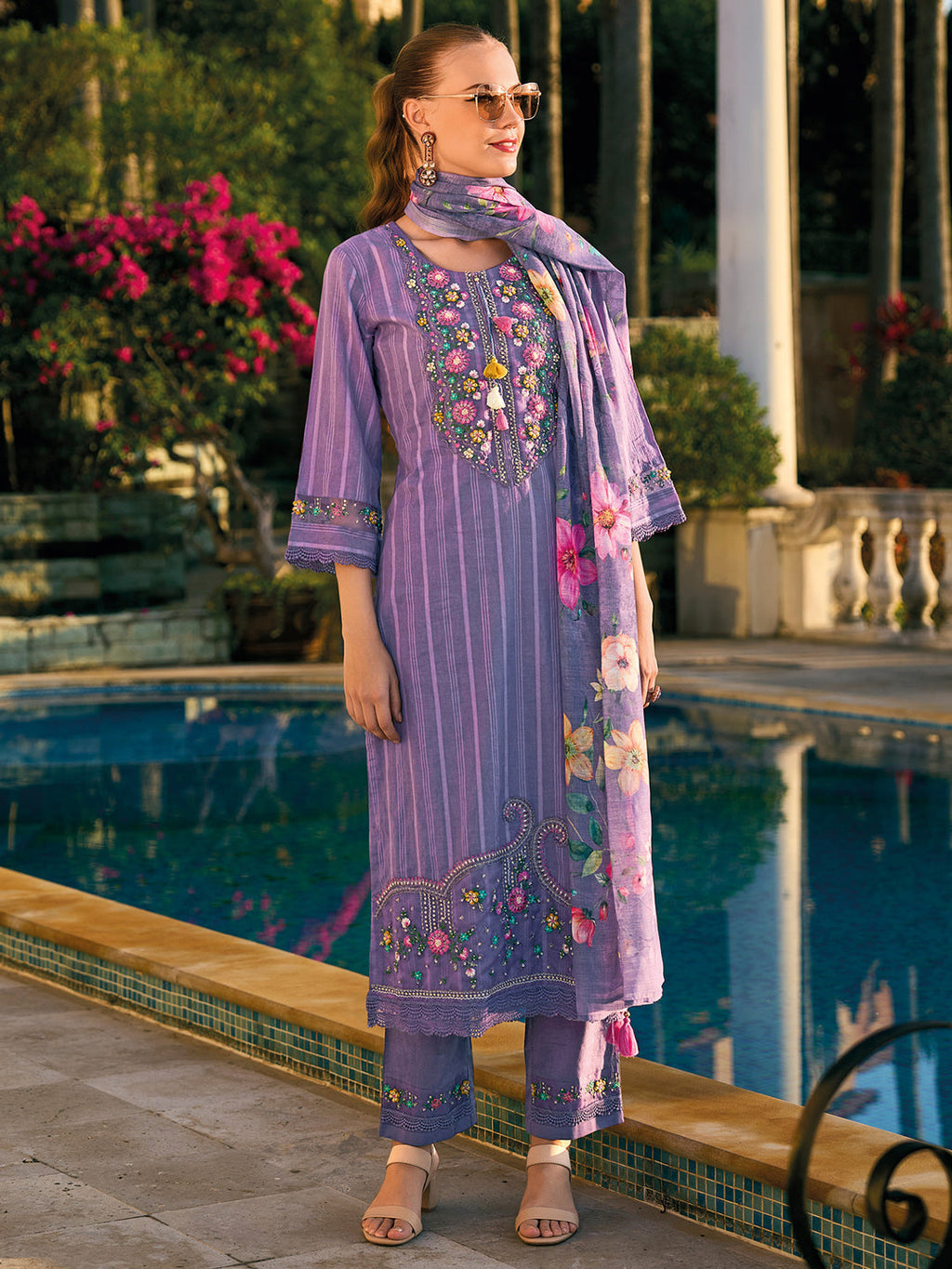Indo Era Purple Embroidered Straight Kurta Trousers With Dupatta set