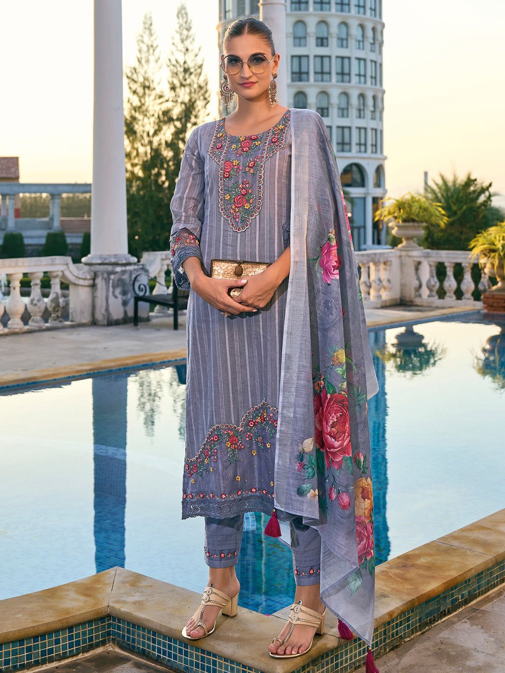 Indo Era Grey Embroidered Straight Kurta Trousers With Dupatta set