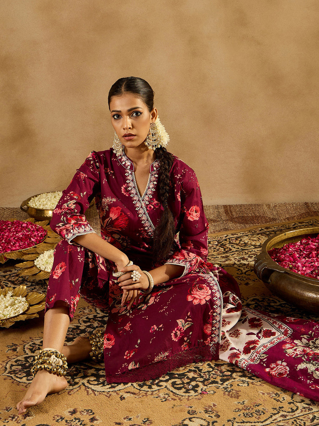 Indo Era Burgundy Printed Straight Kurta Trousers With Dupatta set