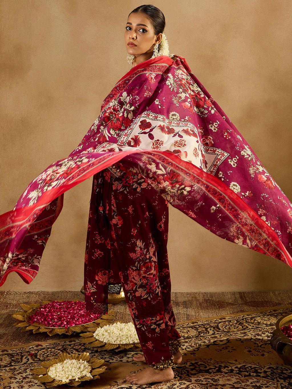 Indo Era Burgundy Printed Straight Kurta Trousers With Dupatta set