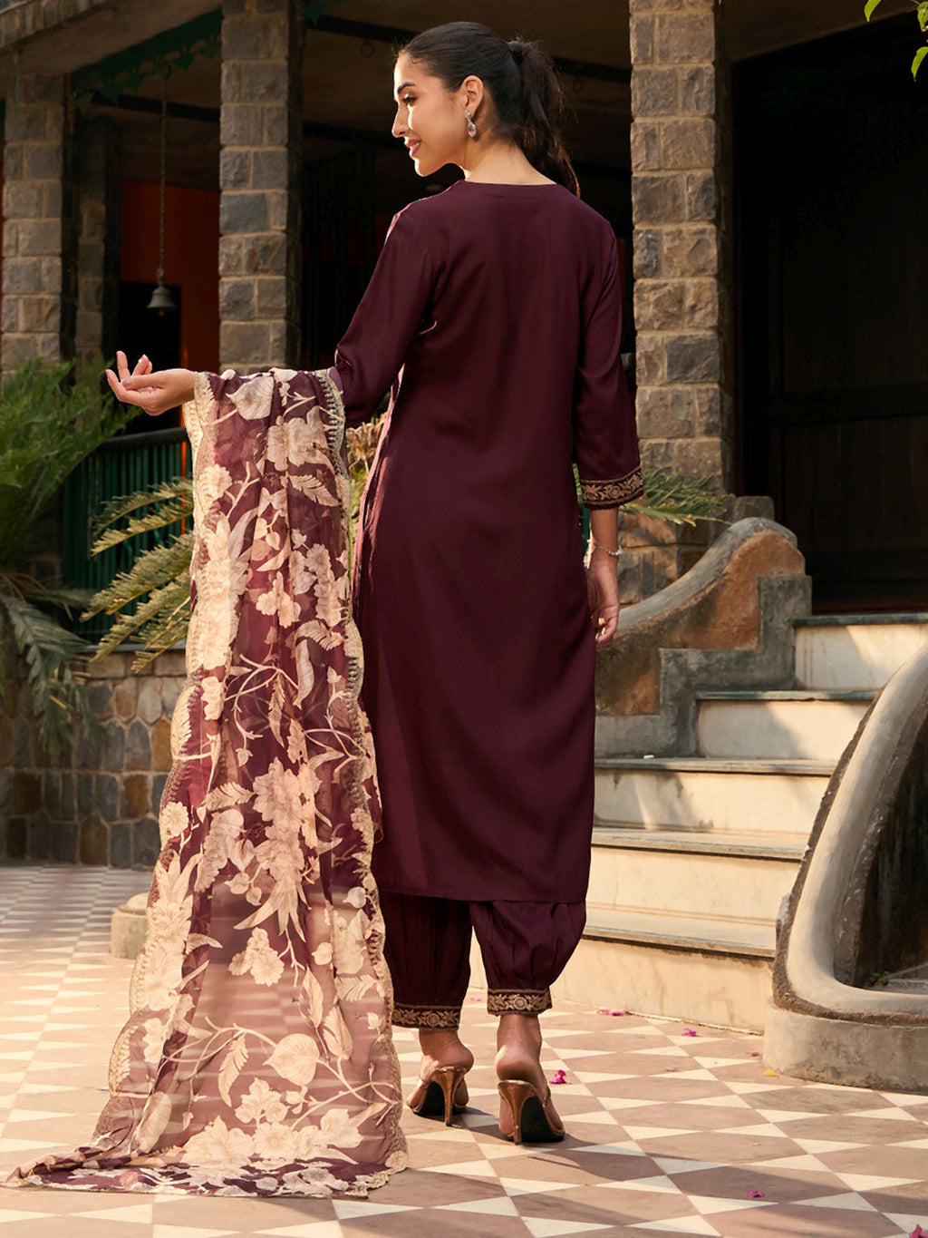 Indo Era Burgundy Embroidered Straight Kurta Salwar With Dupatta set