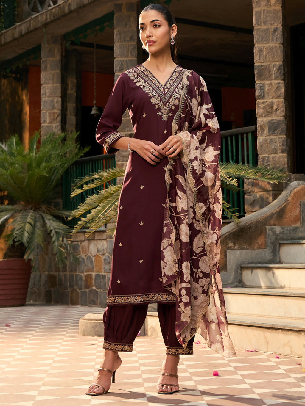 Indo Era Burgundy Embroidered Straight Kurta Salwar With Dupatta set