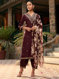 Indo Era Burgundy Embroidered Straight Kurta Salwar With Dupatta set