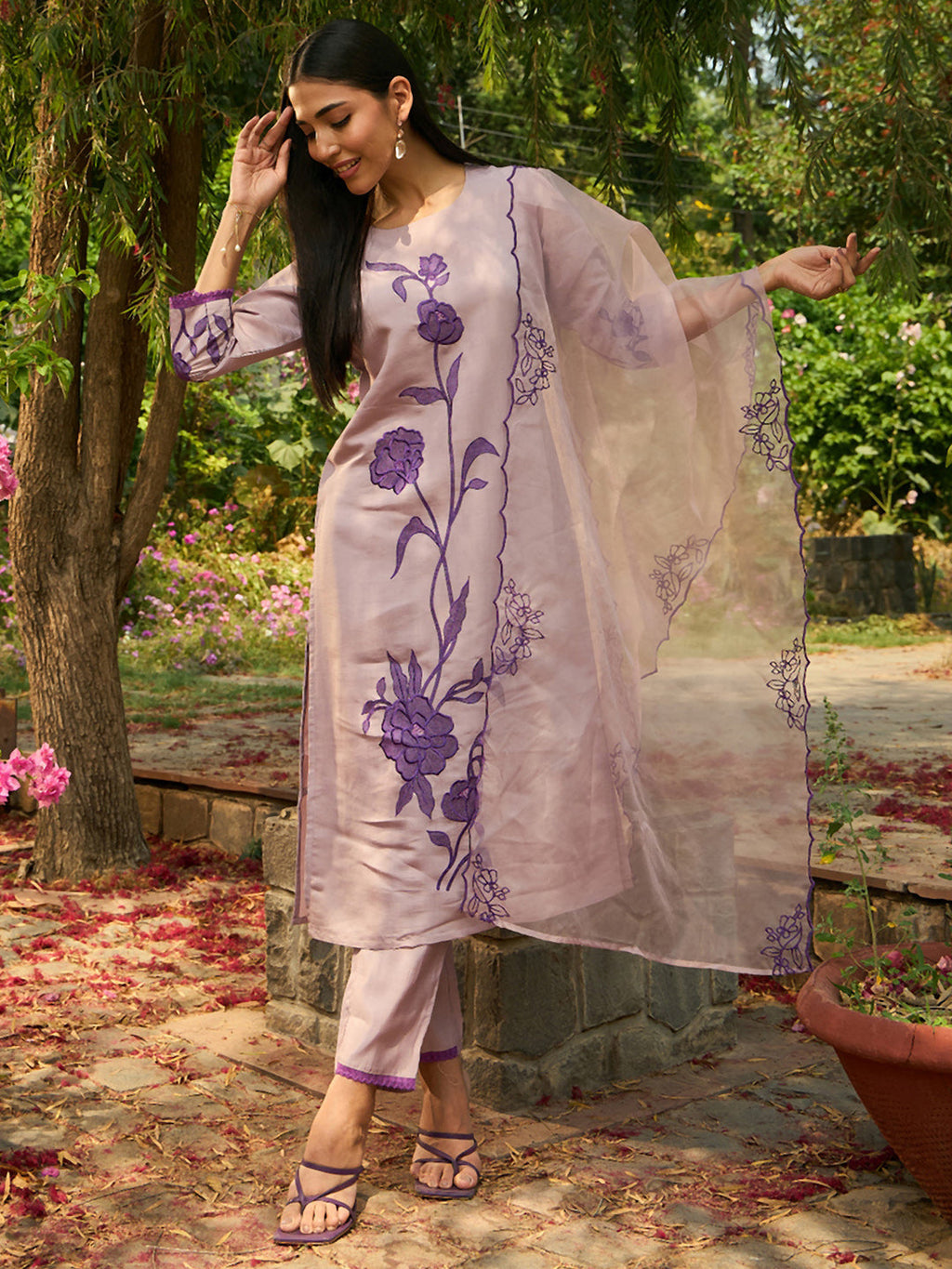 Indo Era Purple Embroidered Straight Kurta Trousers With Dupatta set