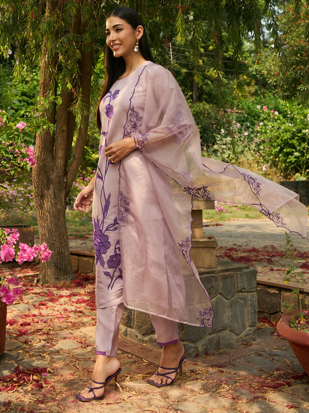 Indo Era Purple Embroidered Straight Kurta Trousers With Dupatta set