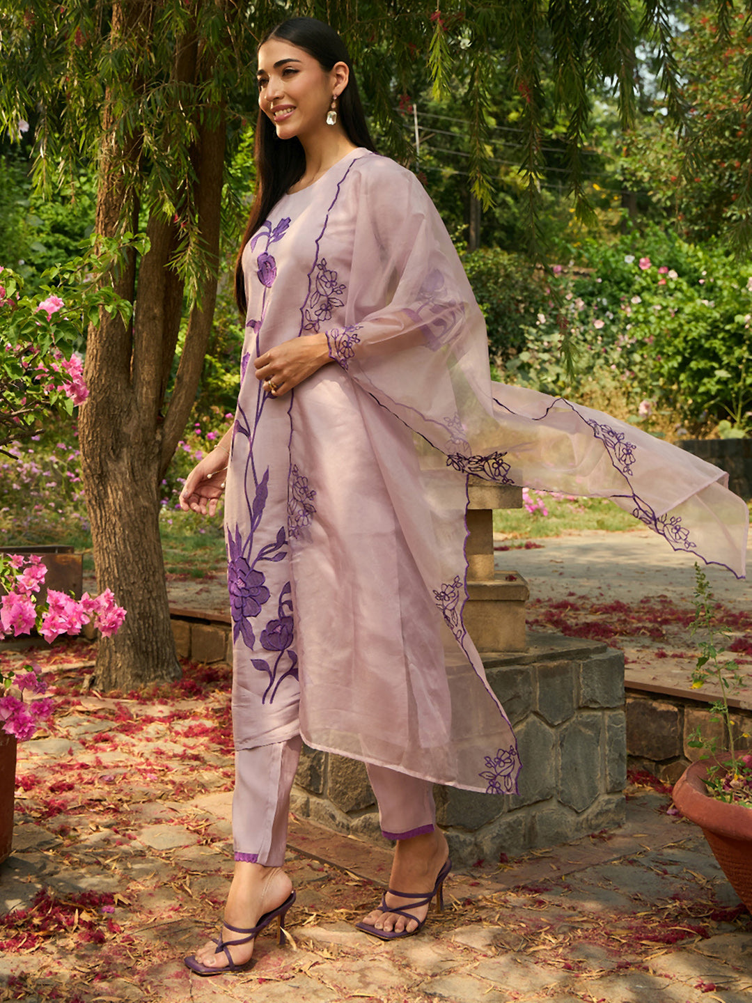 Indo Era Purple Embroidered Straight Kurta Trousers With Dupatta set