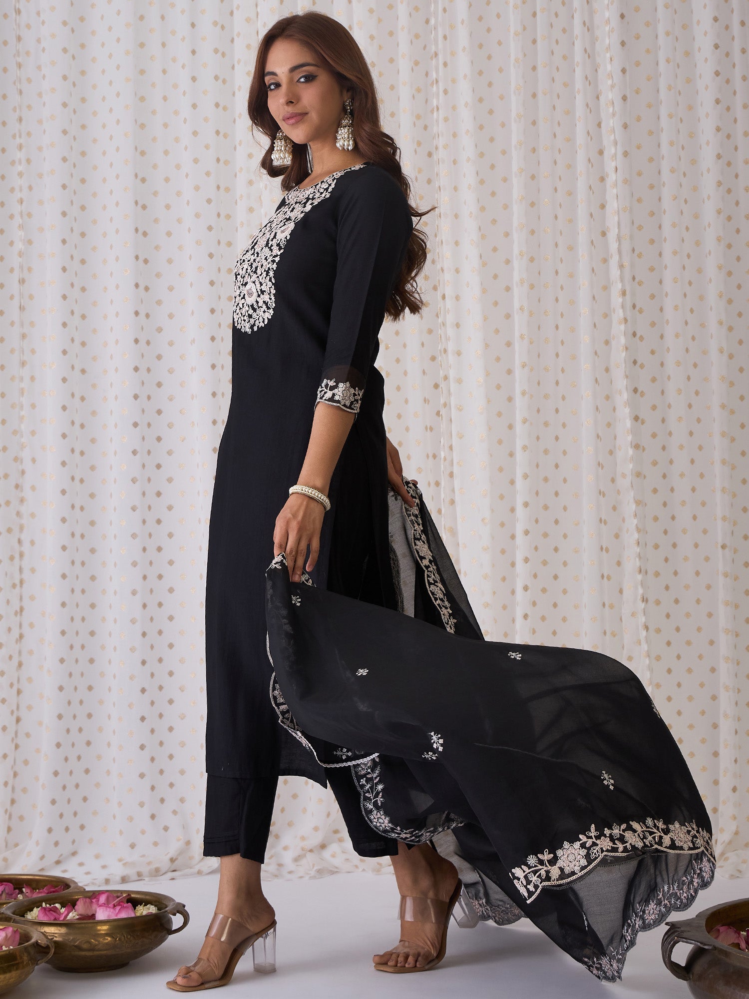 Indo Era Black Embroidered Straight Kurta Trousers With Dupatta Set