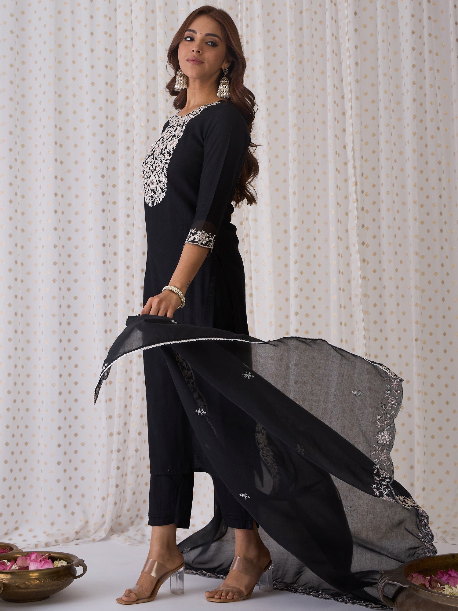 Indo Era Black Embroidered Straight Kurta Trousers With Dupatta Set