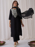 Indo Era Black Embroidered Straight Kurta Trousers With Dupatta set