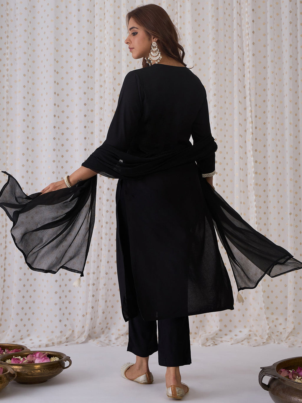 Indo Era Black Embroidered Straight Kurta Trousers With Dupatta set