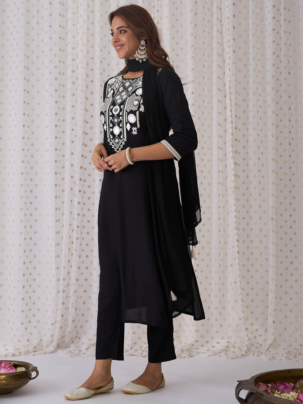 Indo Era Black Embroidered Straight Kurta Trousers With Dupatta set