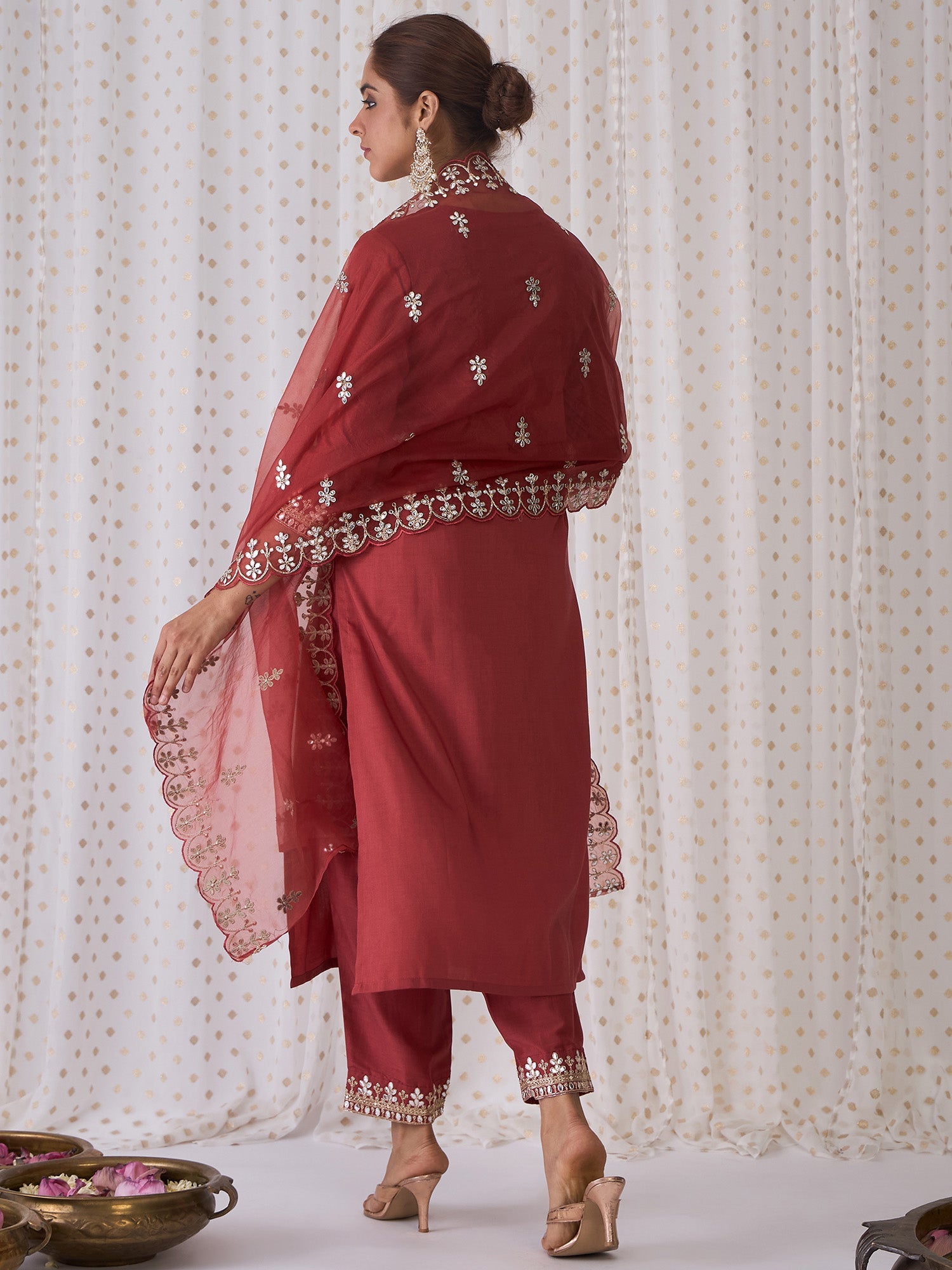 Indo Era Rust Embroidered Straight Kurta Trousers With Dupatta set