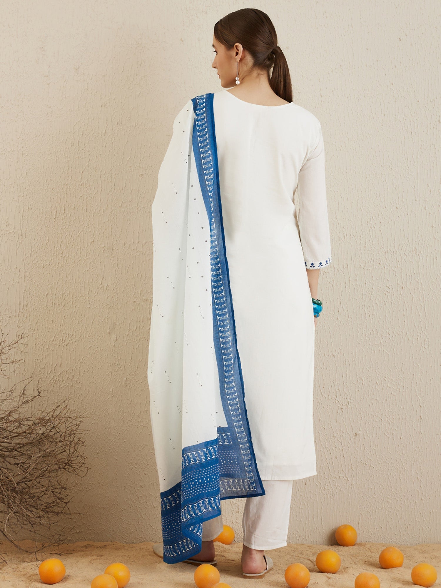 Indo Era Off White Embroidered Straight Kurta Trousers With Dupatta set