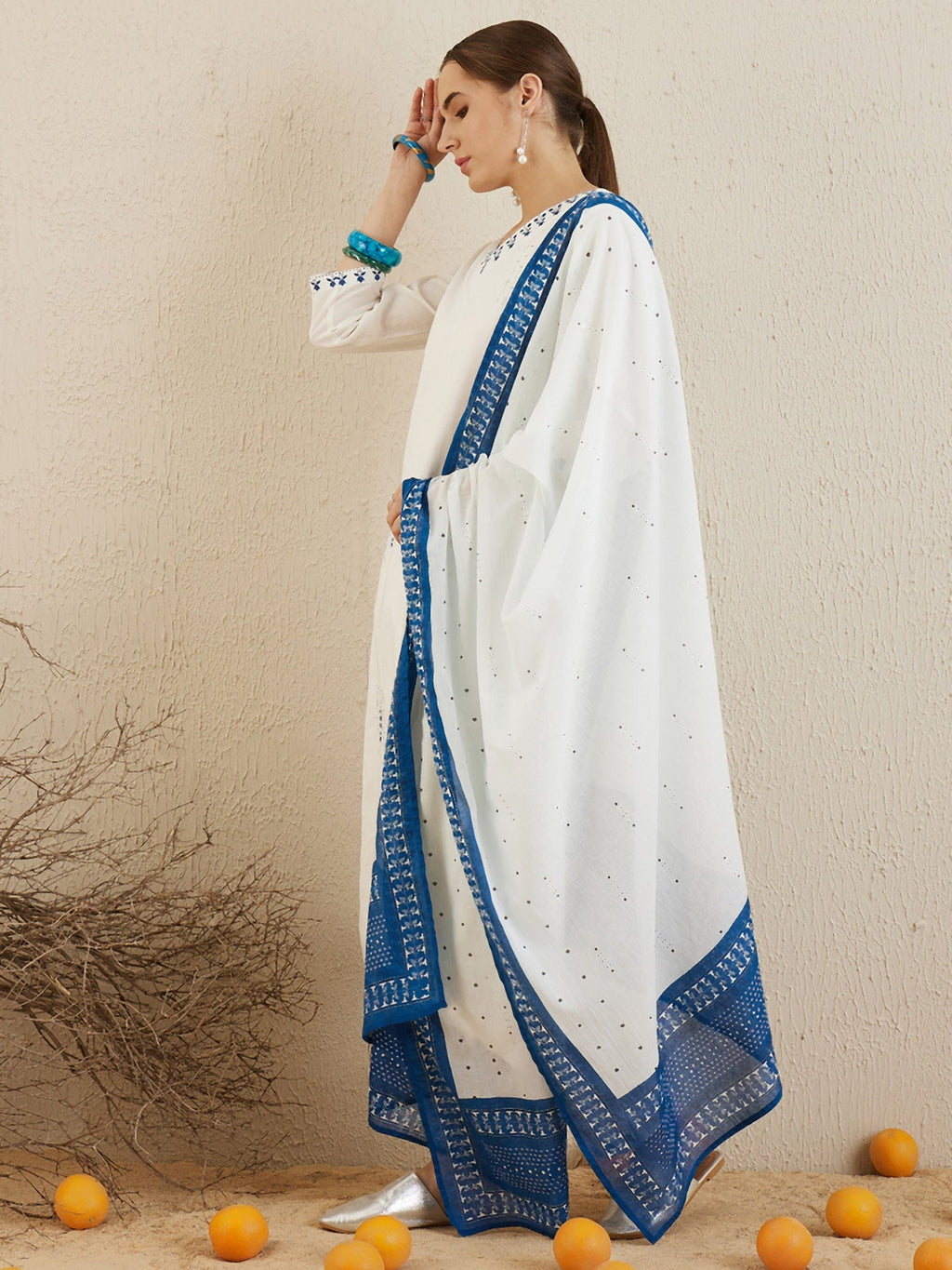 Indo Era Off White Embroidered Straight Kurta Trousers With Dupatta set