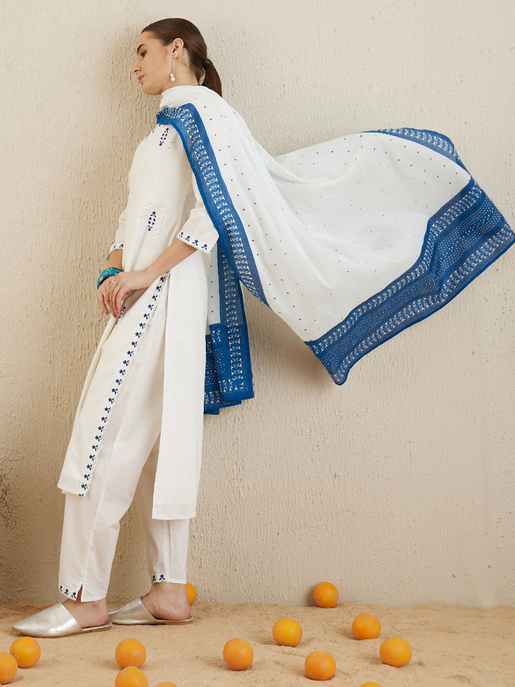Indo Era Off White Embroidered Straight Kurta Trousers With Dupatta set