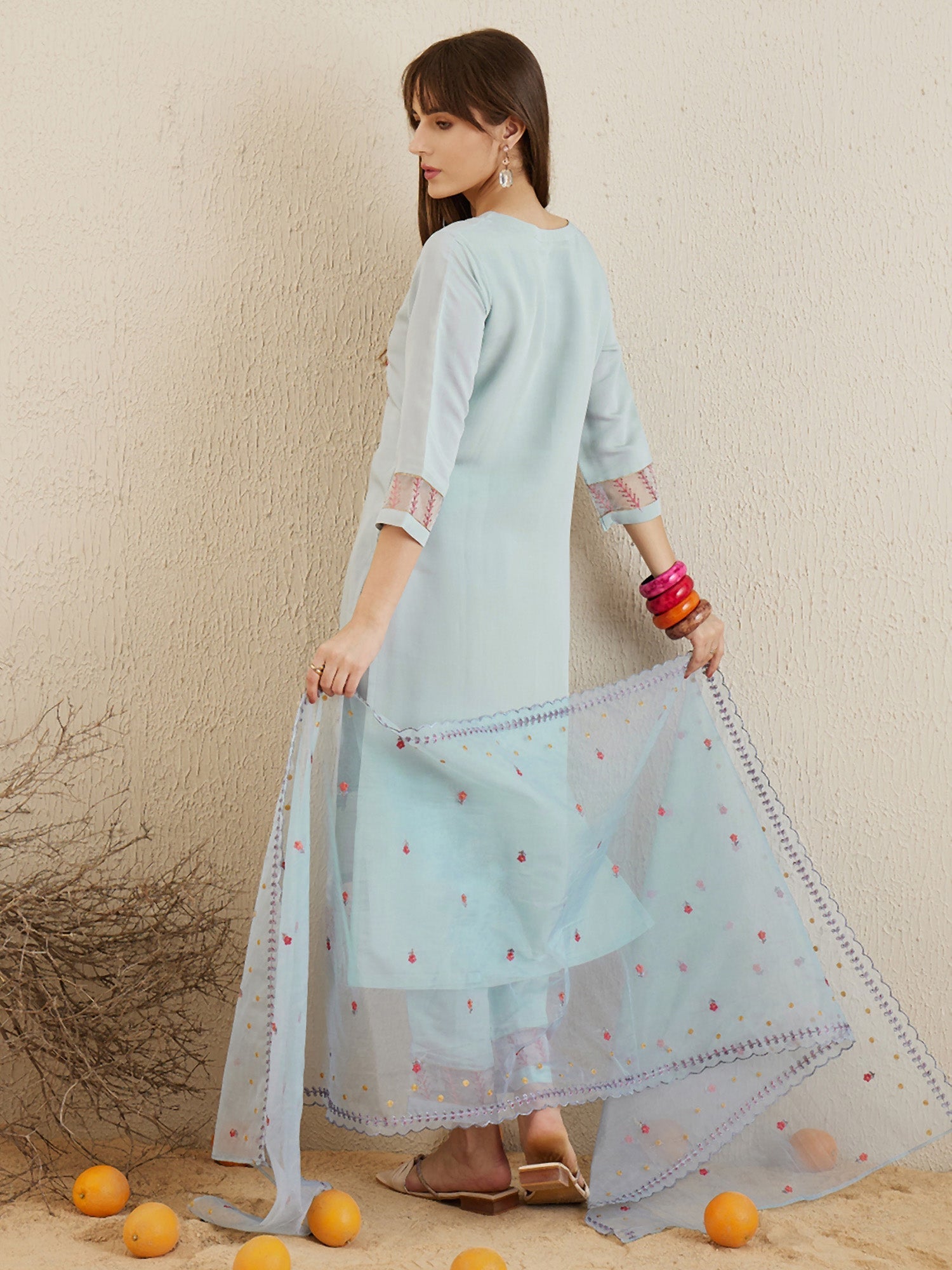Indo Era Blue Embroidered Straight Kurta Trousers With Dupatta set