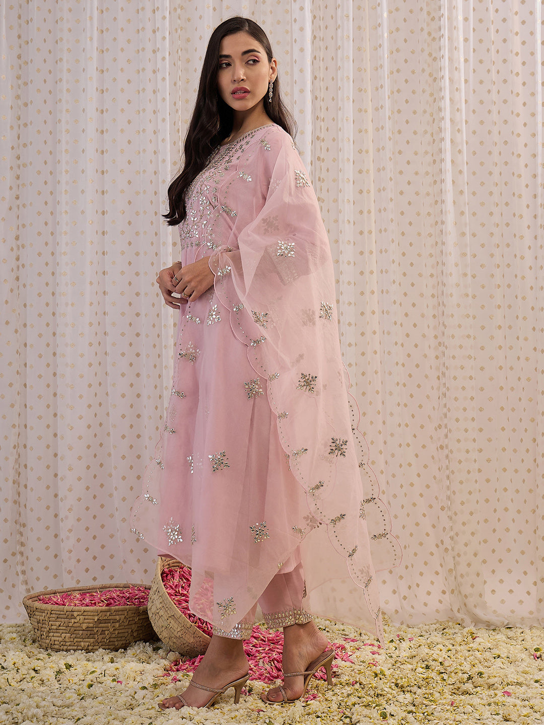 Indo Era Pink Embroidered Straight Kurta Trousers With Dupatta set